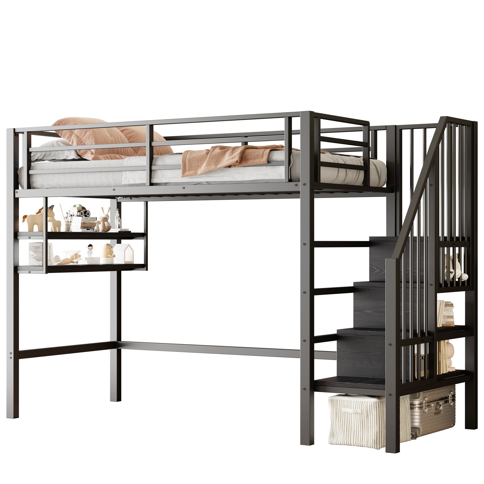 Loft Bed 90x200cm Storage Ladder Shelves Railing - Black