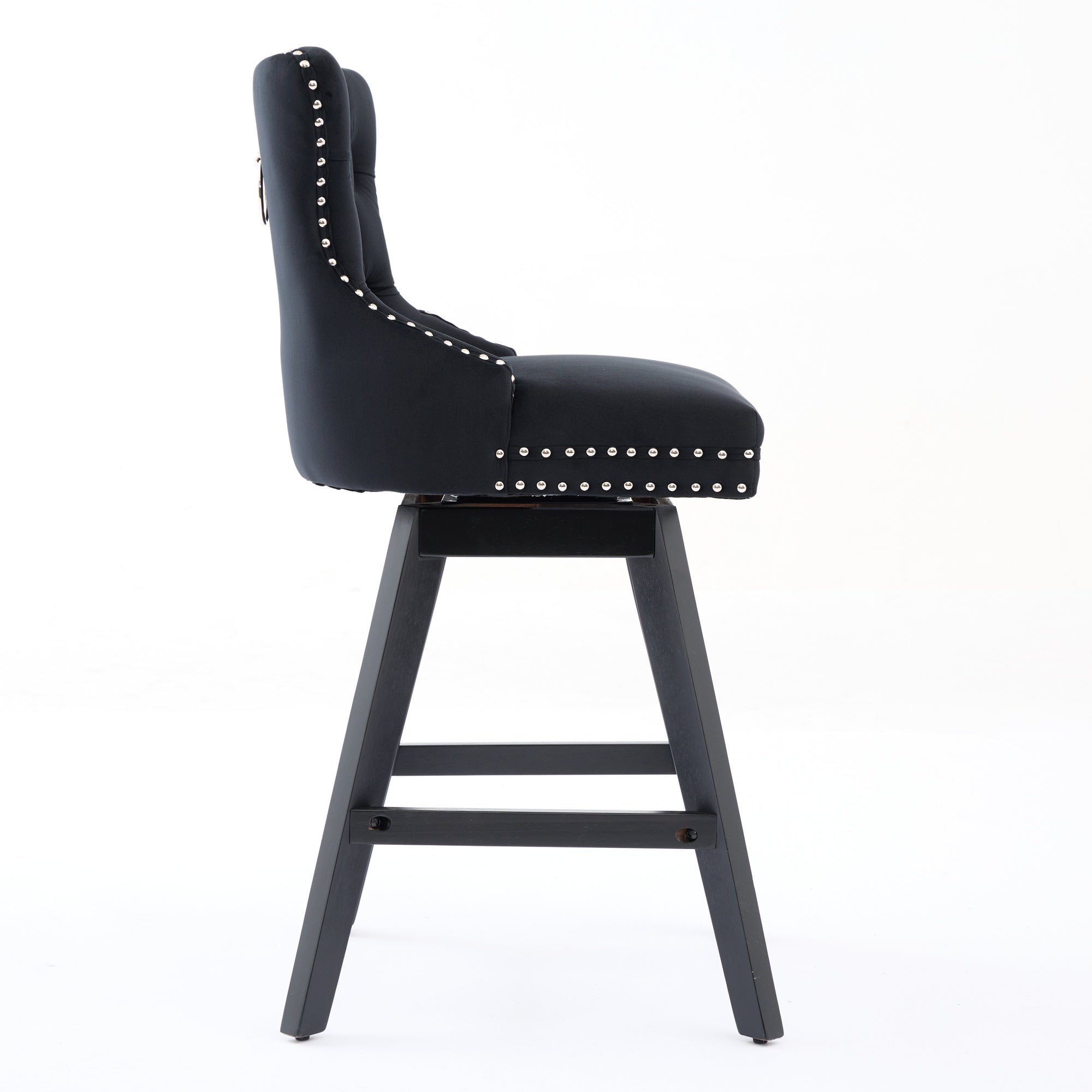 Swivel Velvet Barstools Button Tufted Wooden Legs Set of 2 - Black