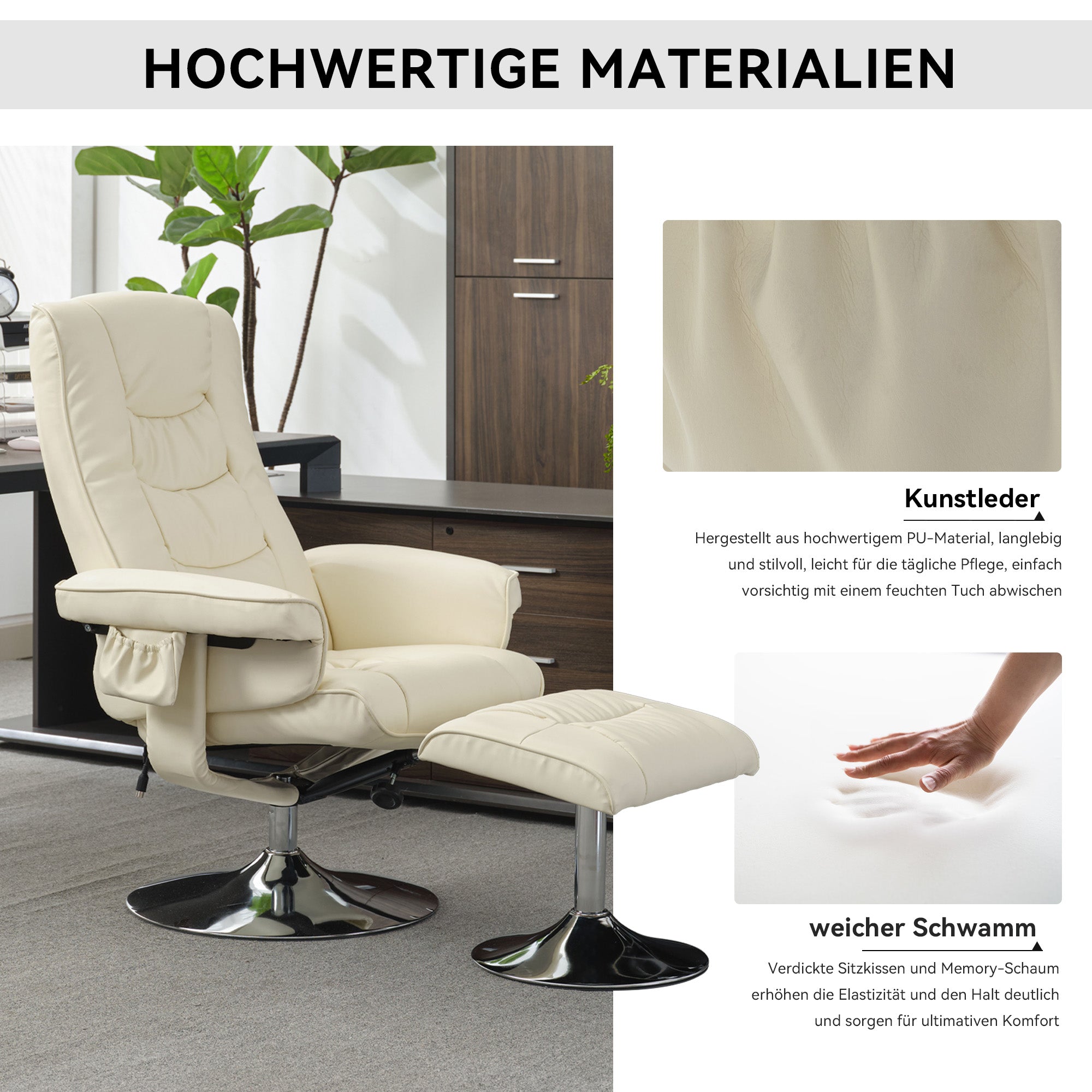 Massage Chair with 5-Point Massager & Ottoman, PU Upholstery, Beige