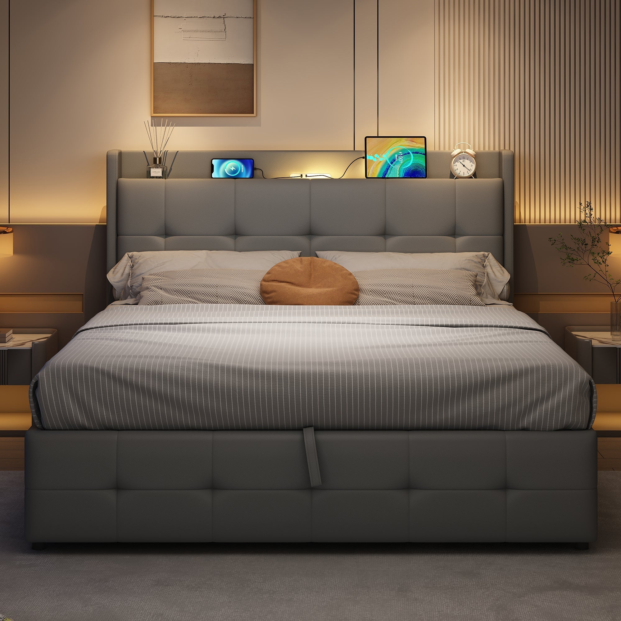 5ft King Upholstered Bed Frame, Hydraulic Storage, Charging Station, LED Night Light, PU Leather, Grey