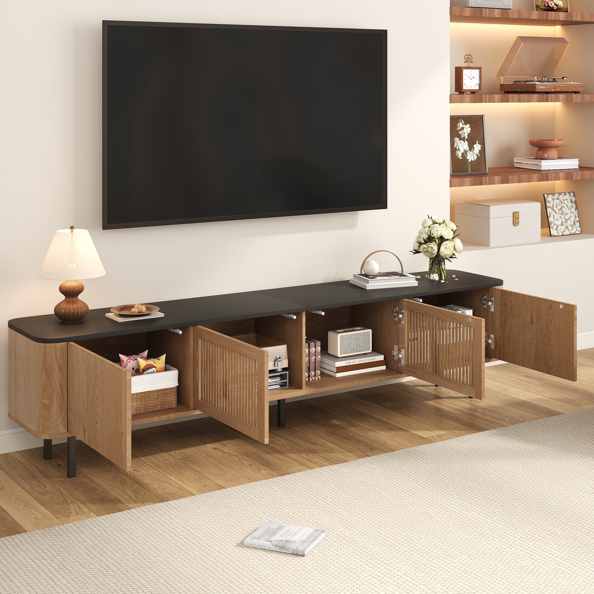 Modern TV Cabinet with Mesh Doors and Storage Compartments, Black and Oak finish