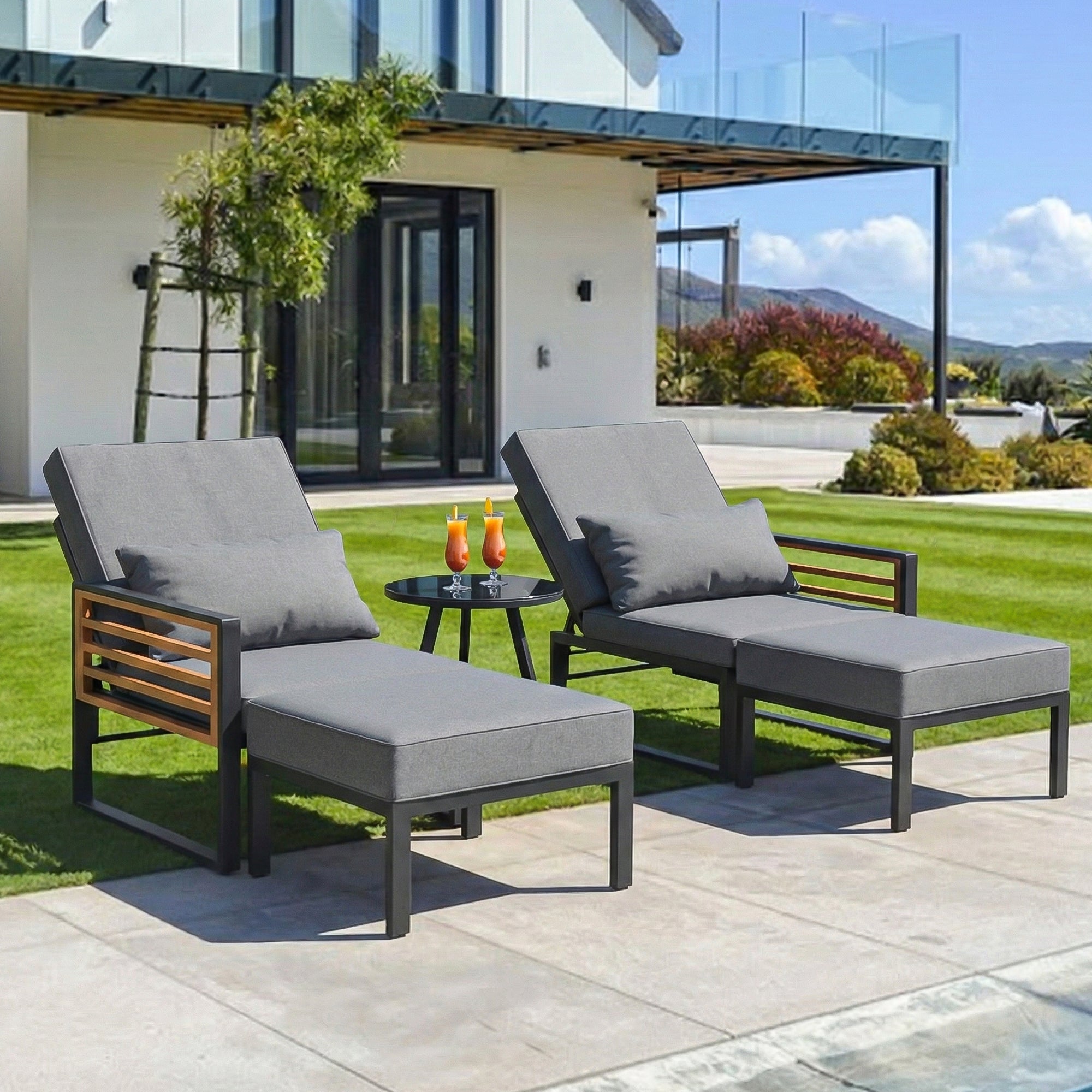 Garden Lounge Set for 2-4 People, Adjustable Outdoor Daybed and Sofa with Cushions, Grey Wood Look