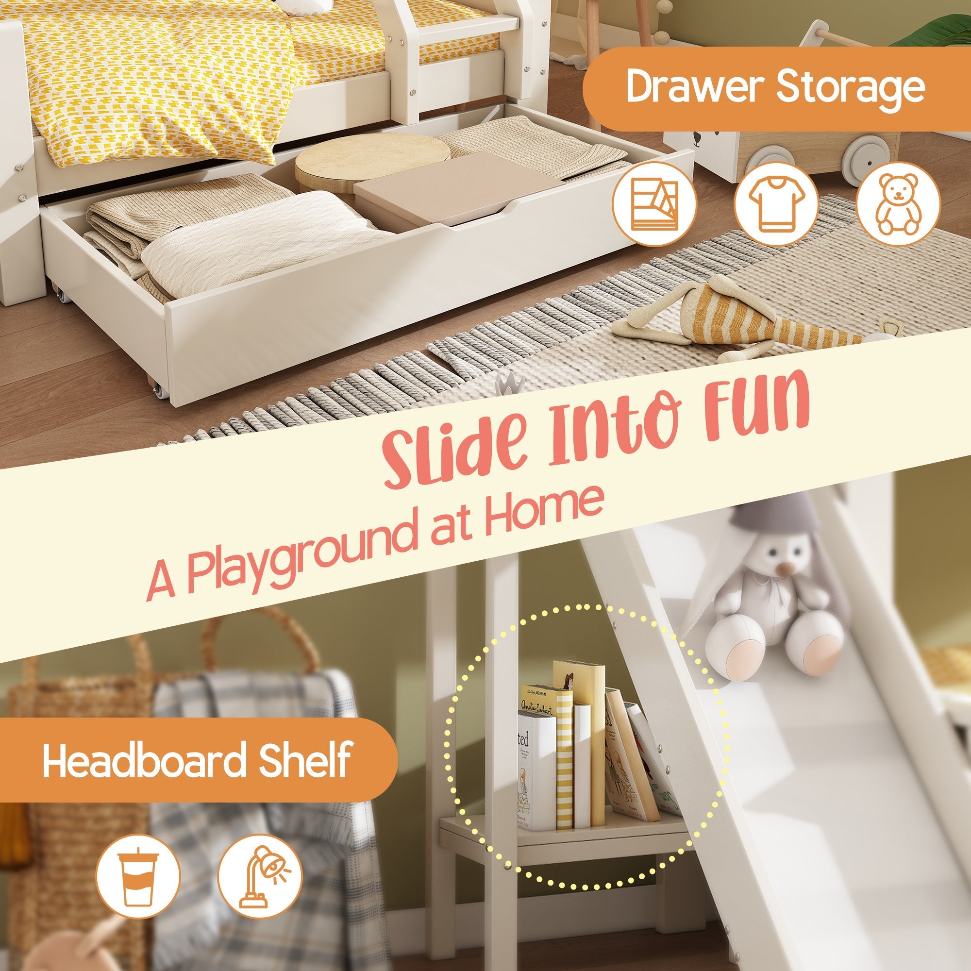 Bunk Beds for Kids, Cabin Tree-house Bed with Ladder and Slide, Twin Sleeper (90+135) x 190 cm, Solid Wood, White