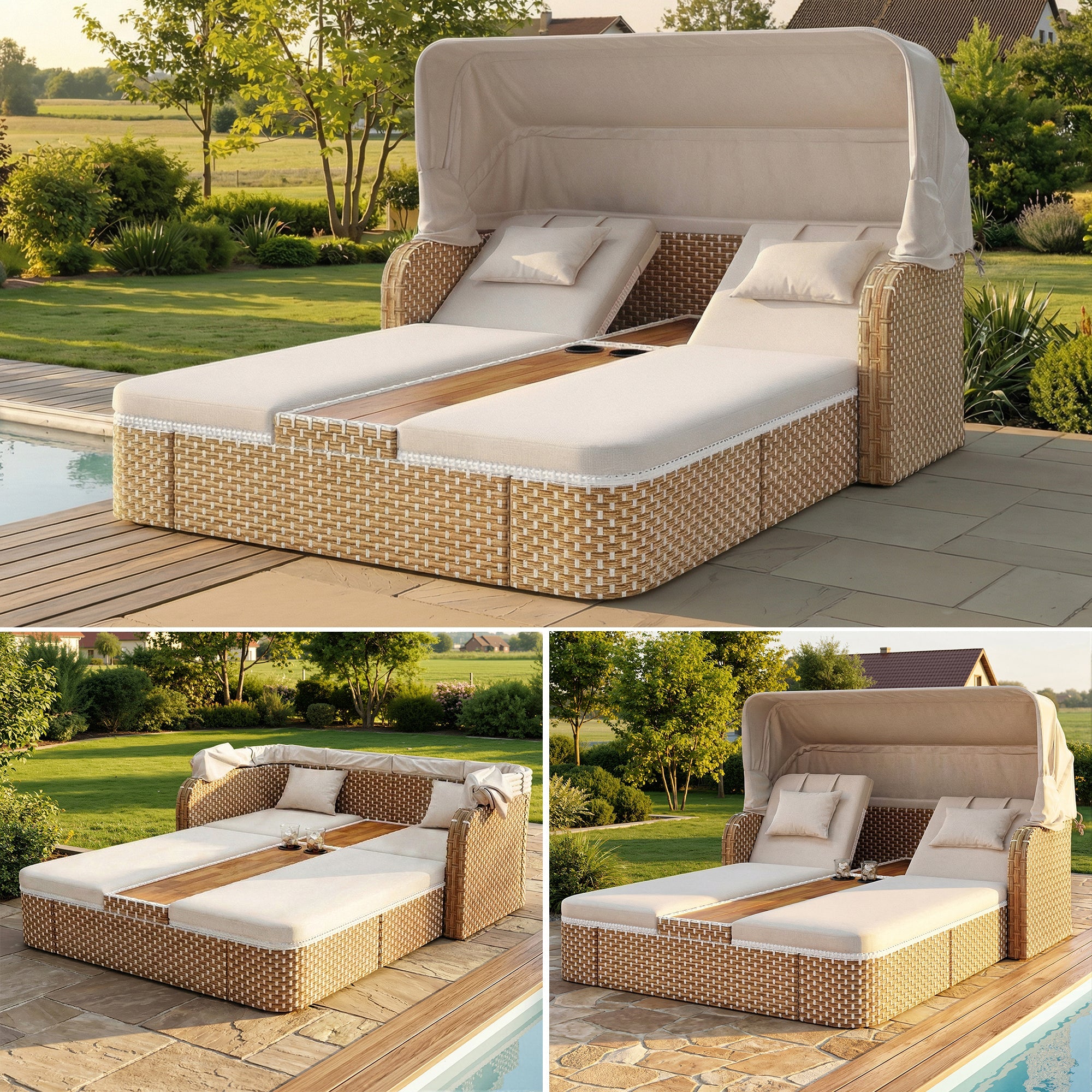 Rattan Sun Island Garden Lounger with Awning and Weatherproof Design, Beige and Grey