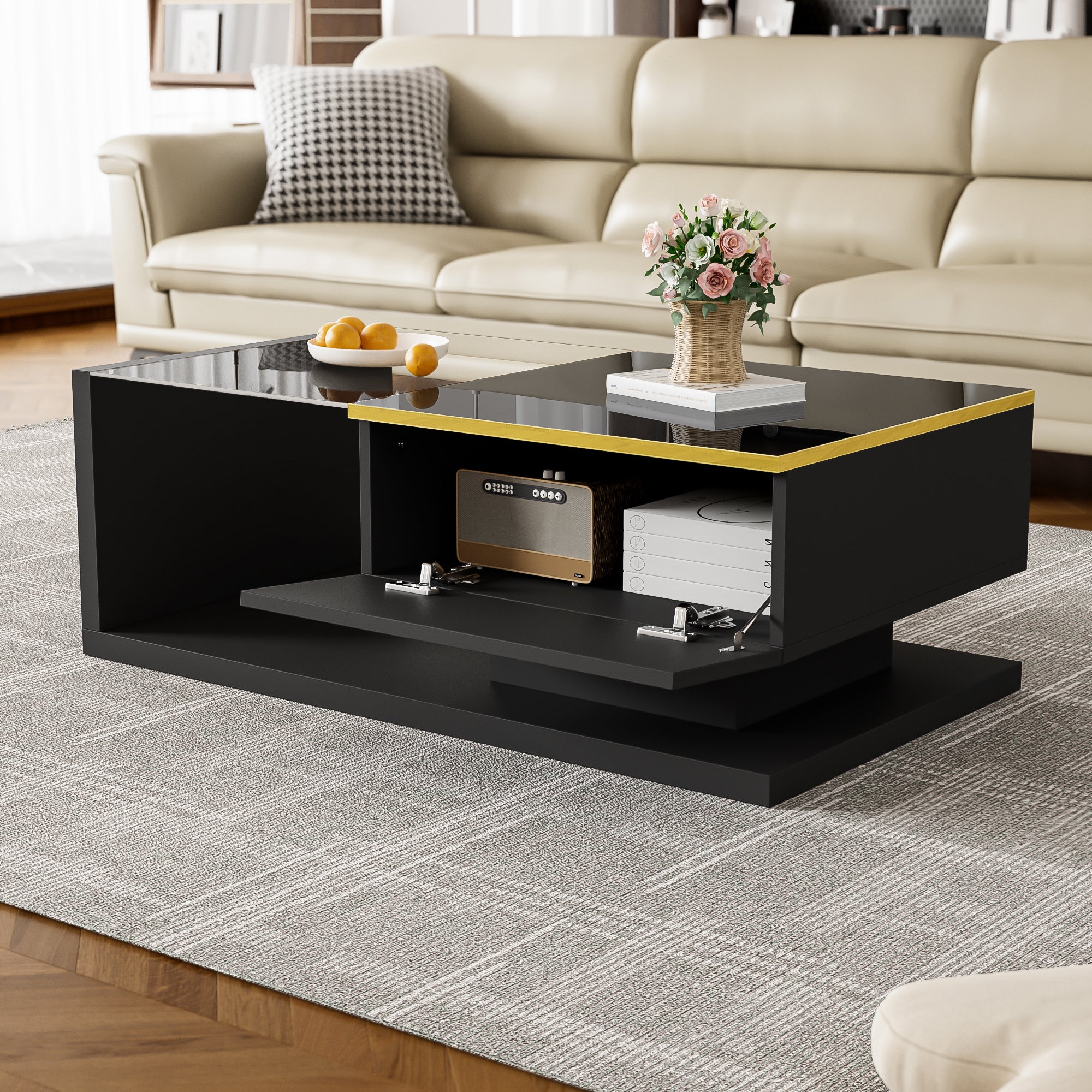 Coffee Table 90cm Long, High-Gloss Black with Glass & LED