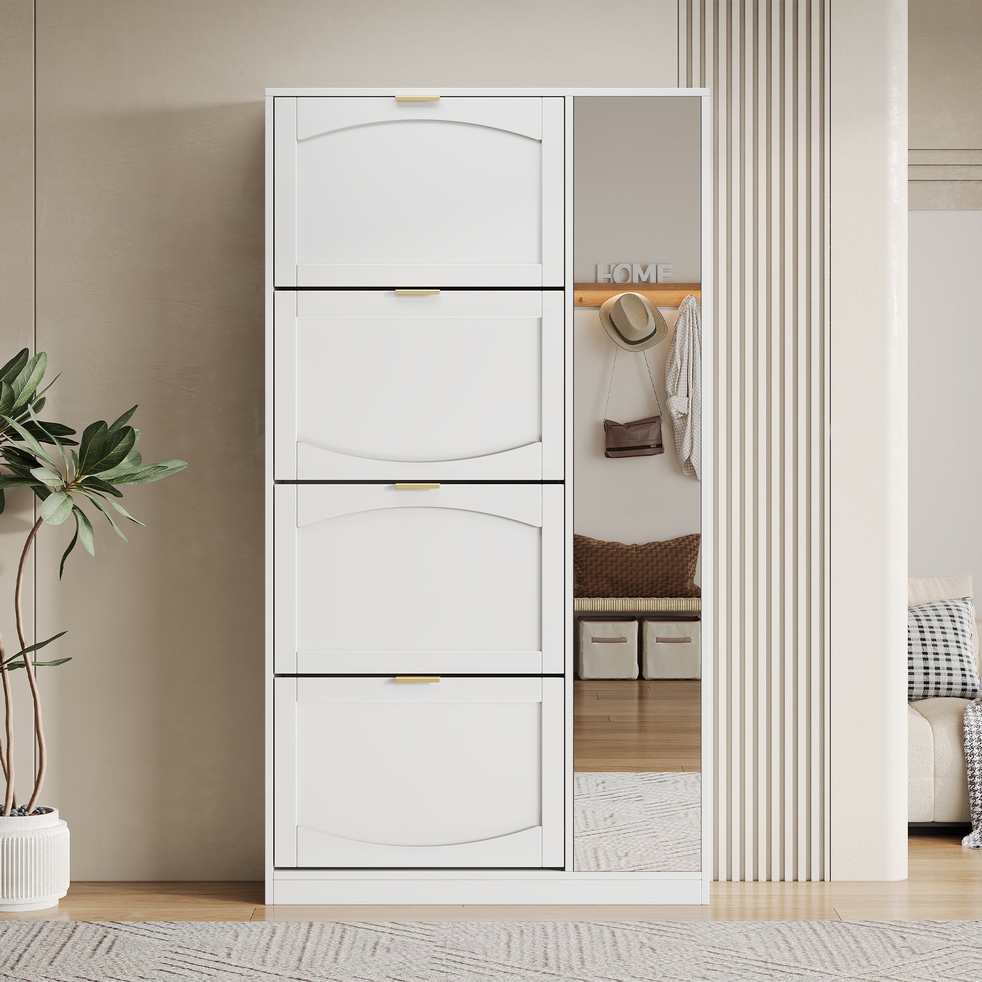 Shoe Cabinet with Mirror 4 Drawers Adjustable Shelf 80x147x24cm - White