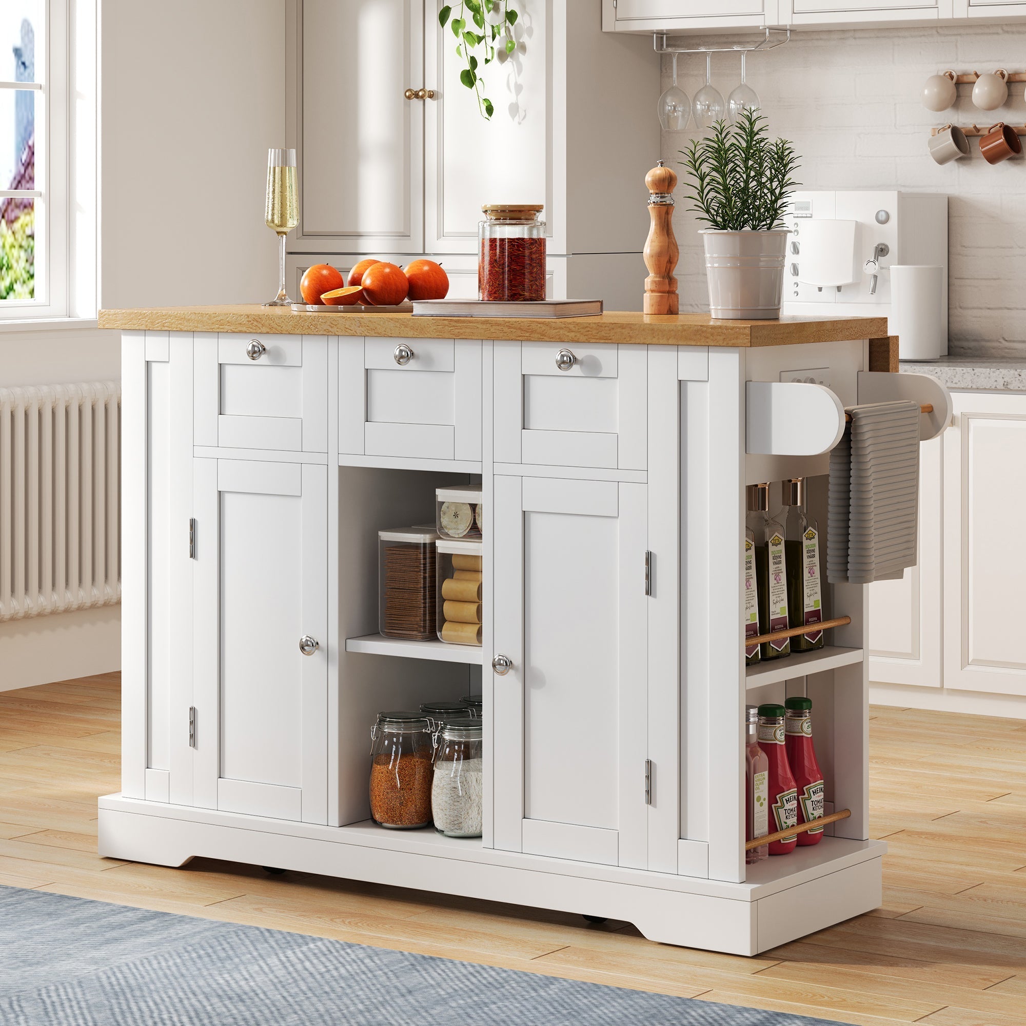 Mobile Kitchen Table 132cm Folding Worktop Multifunctional Cabinet 5 Wheels Integrated Socket