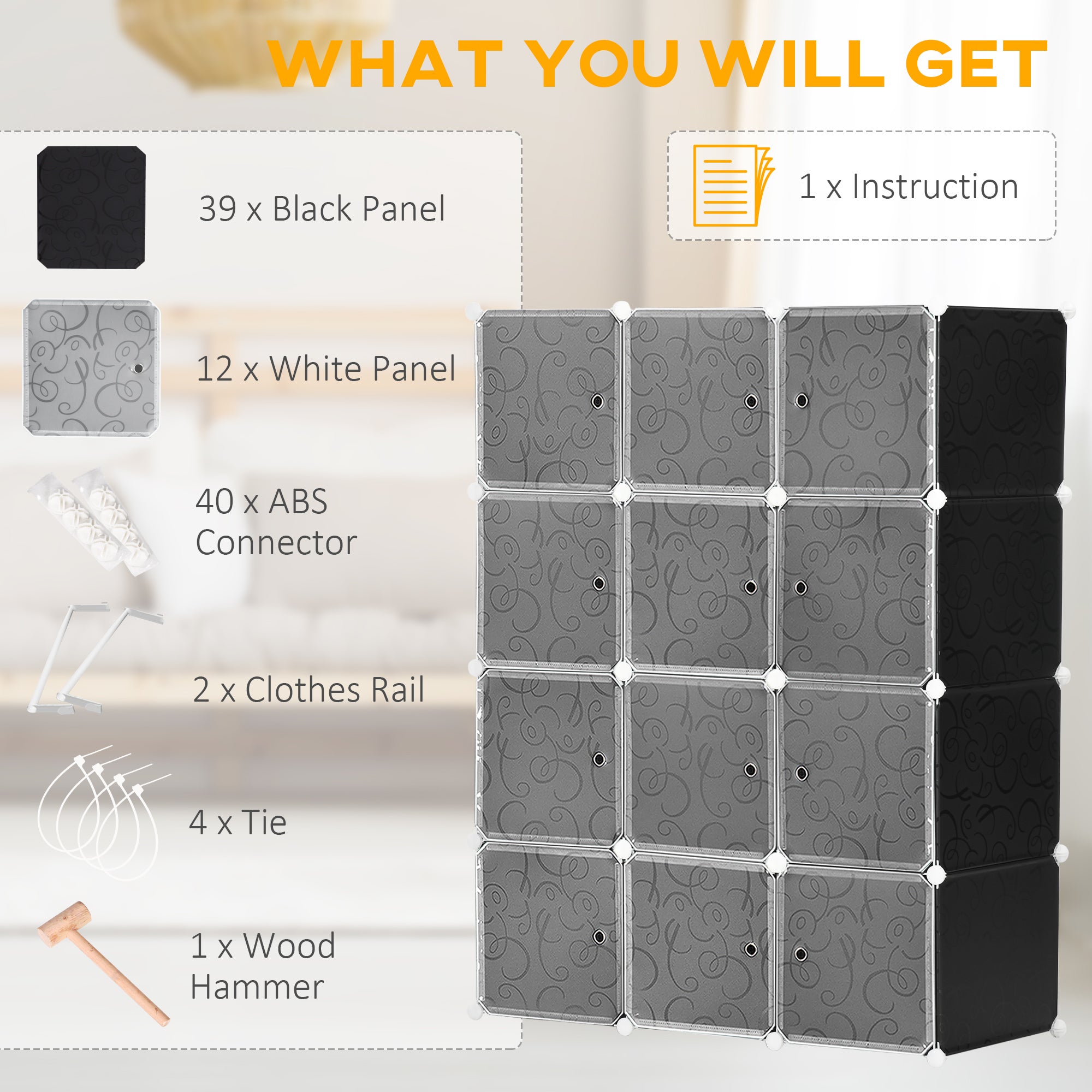 DIY Wardrobe Shelving System, Cube with Clothes Rail, Black + White PP