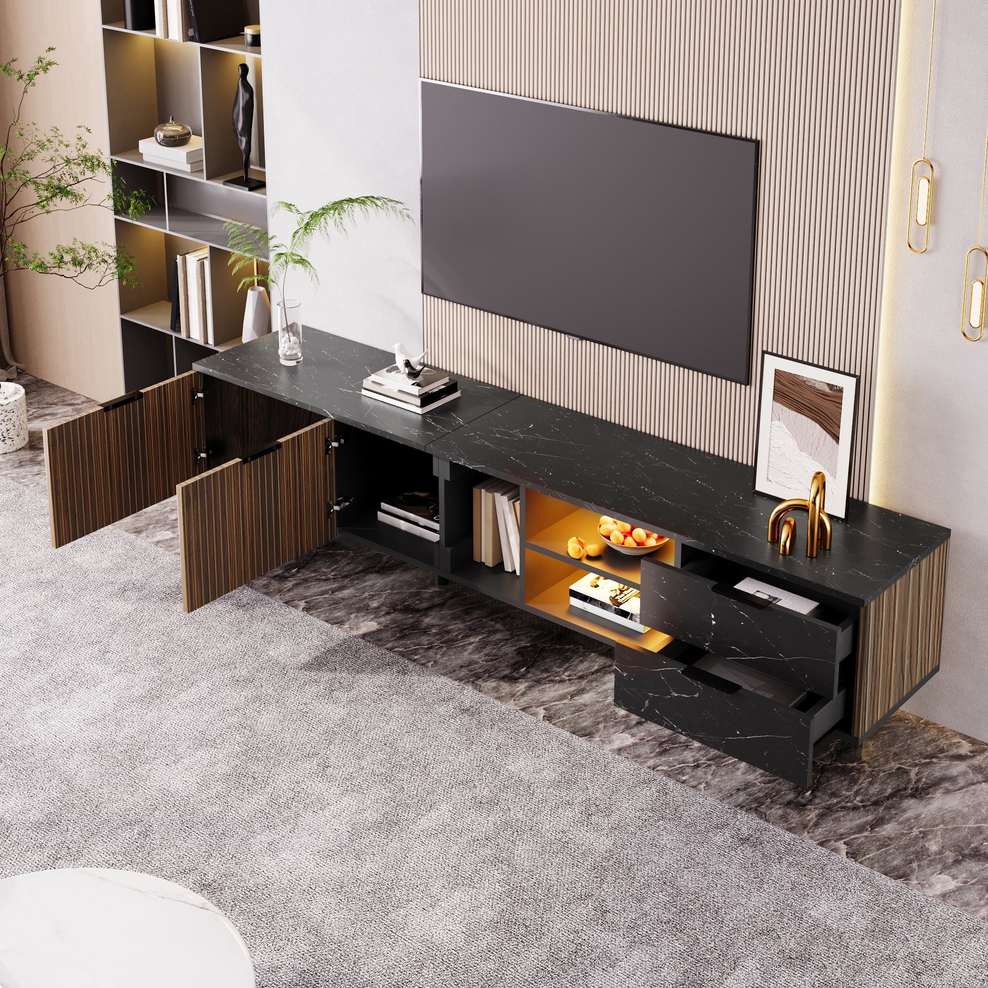 TV Cabinet, 200cm, Adjustable LED, 2 Doors, 2 Drawers, Black Marble & Dark Wood