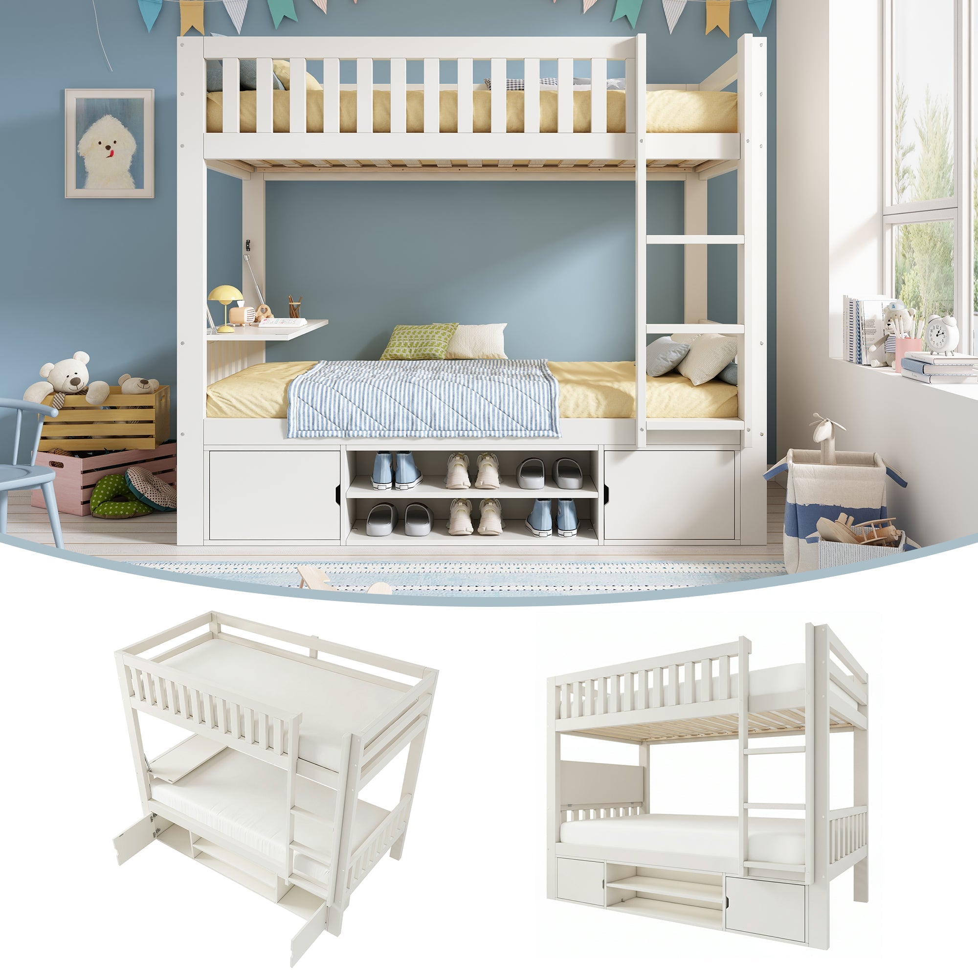Children's Loft Bed 90x200cm with Fold-down Tabletop and Integrated Shoe Rack, White