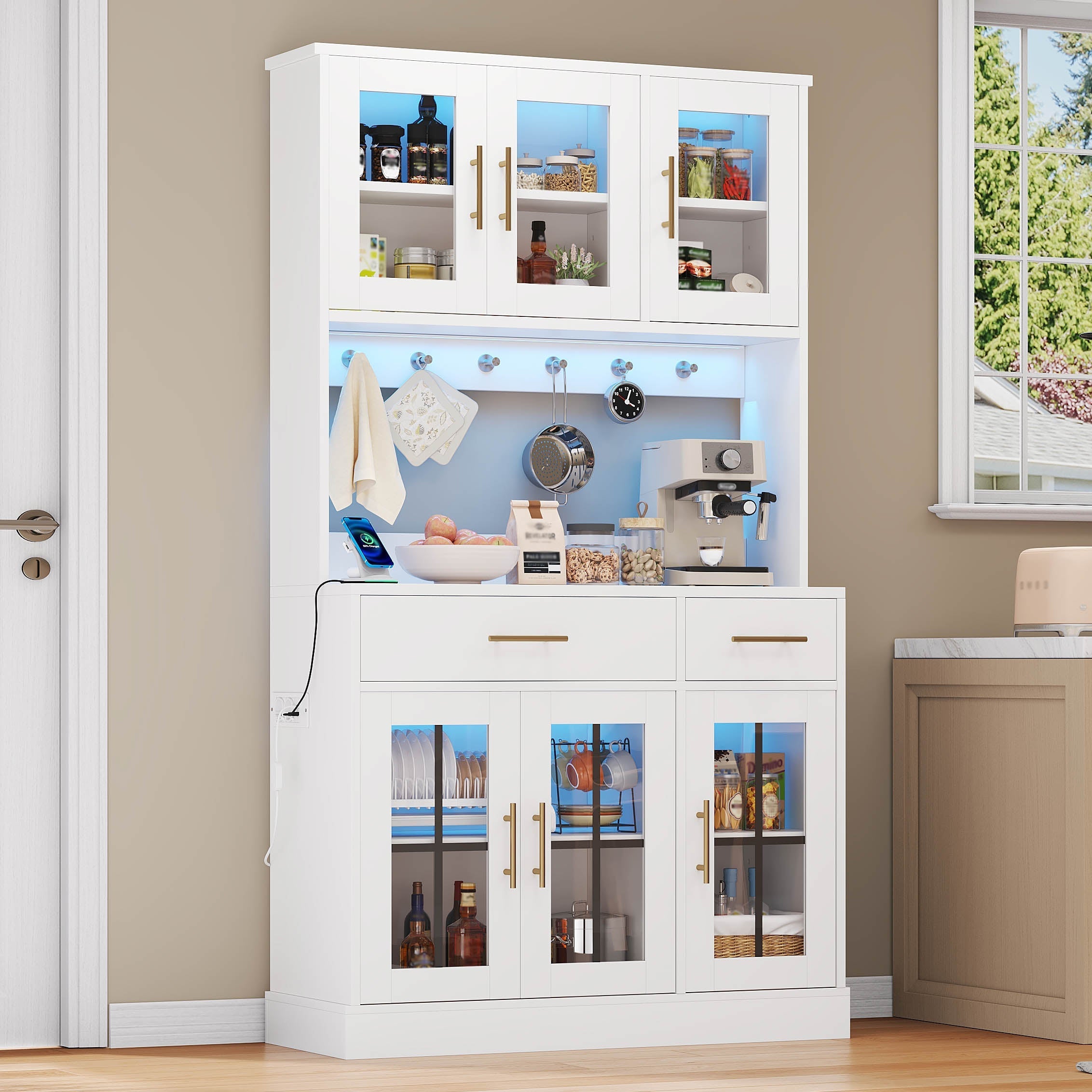 Kitchen Sideboard 180x100cm LED Socket 6 Doors 2 Drawers Adjustable Shelves - White