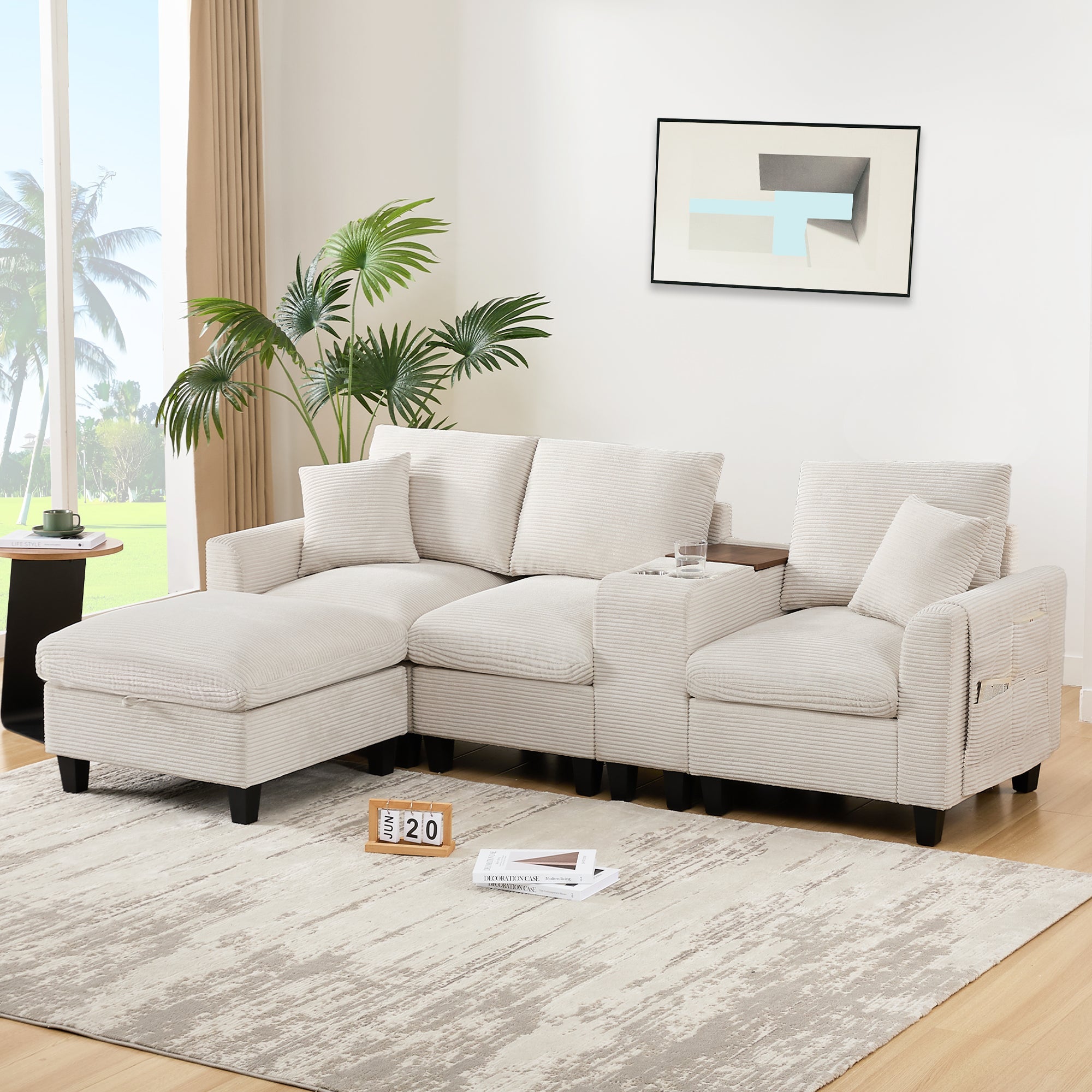 Modern L-shaped Convertible Corner Sofa with Console & USB, Corduroy Fabric