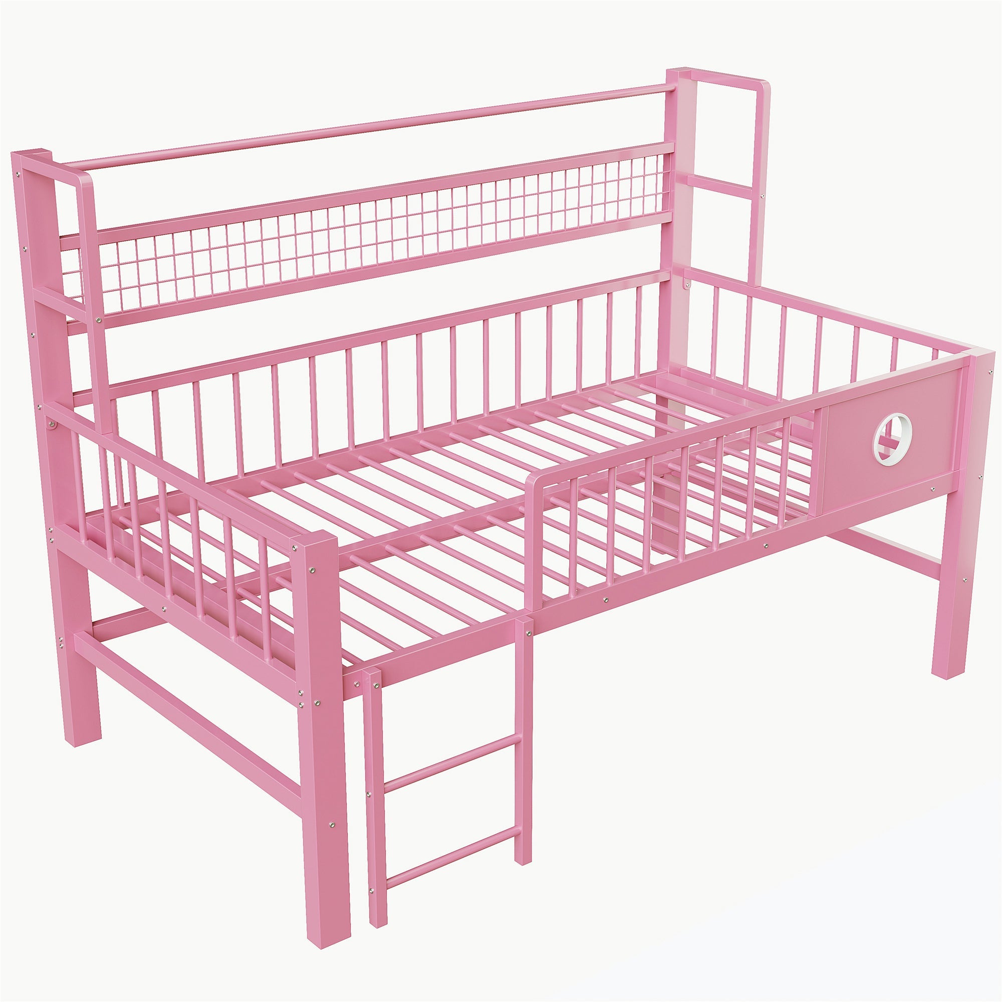 Low Loft Bed with Storage Compartments, 90x200cm, Pink Metal Frame