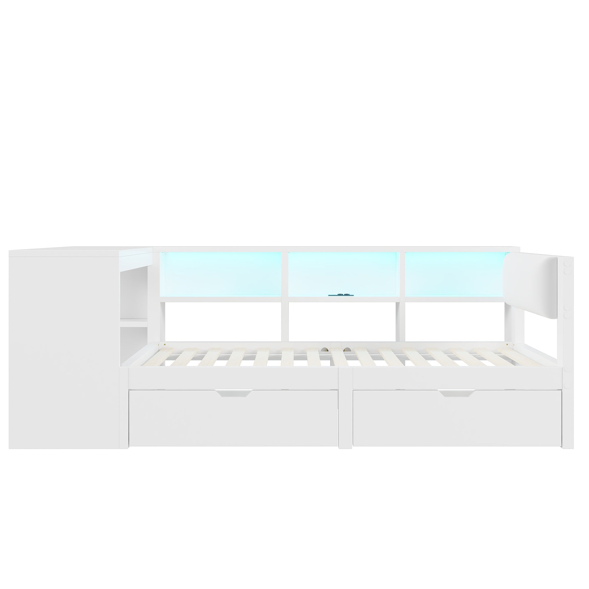 Platform Bed 90x200 Storage Drawers Shelves Upholstered Headboard LED - White