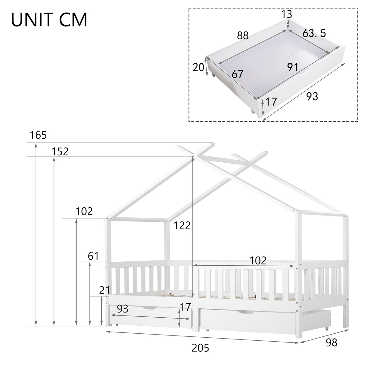 House Bed Children's, 2 Drawers Solid Wood Fence Fall Protection, White