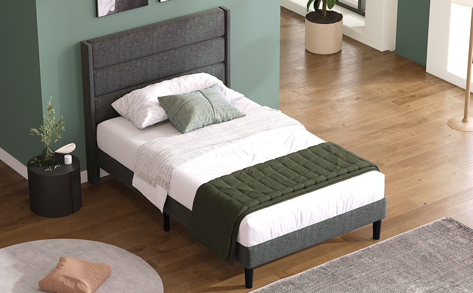 Upholstered Bed, 90x200cm with Slatted Frame & Headboard, Grey Linen