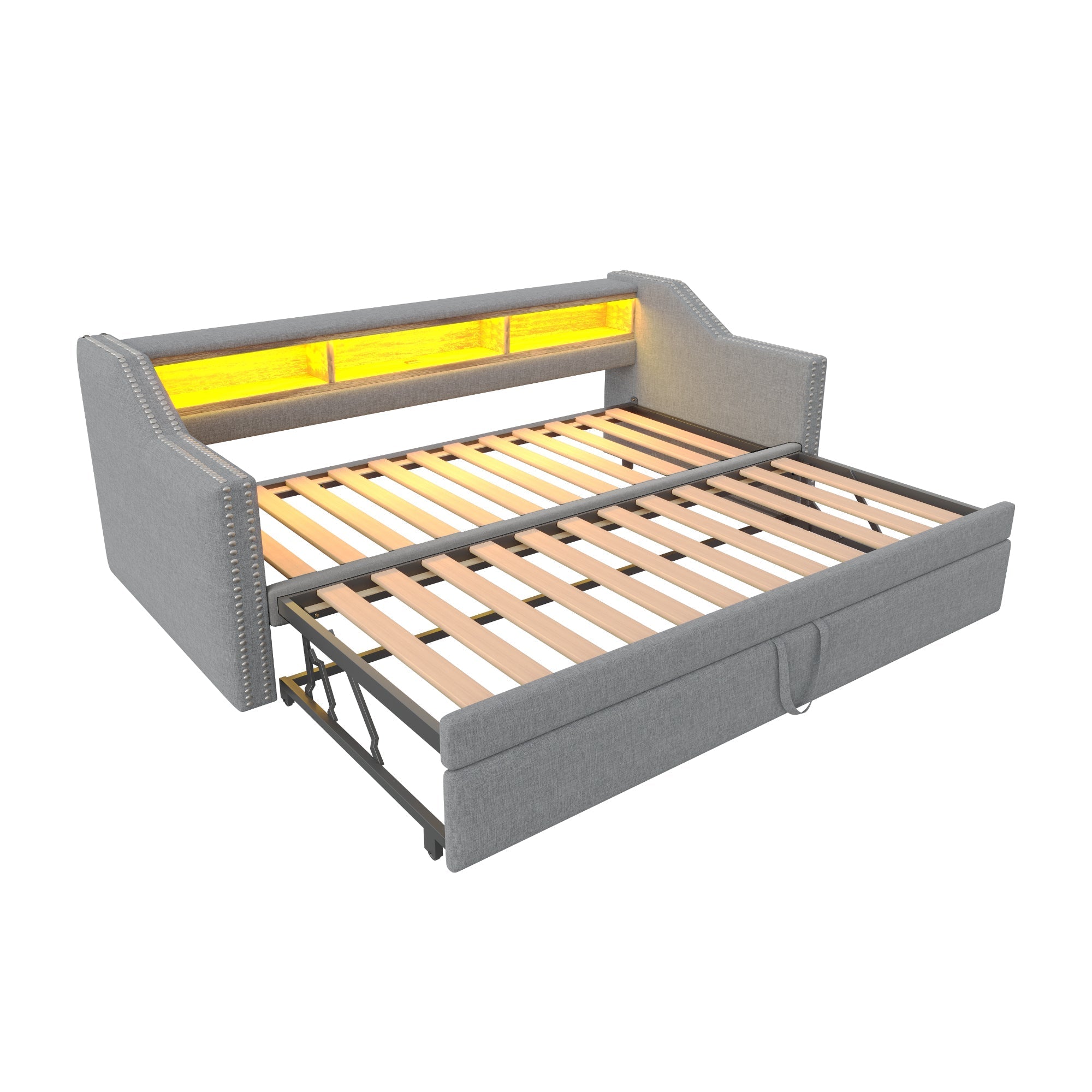 Upholstered Bed Pull-out Sofa Bed 90/180 x 190 cm with Storage, LED, USB, Slatted Frame, Light Grey