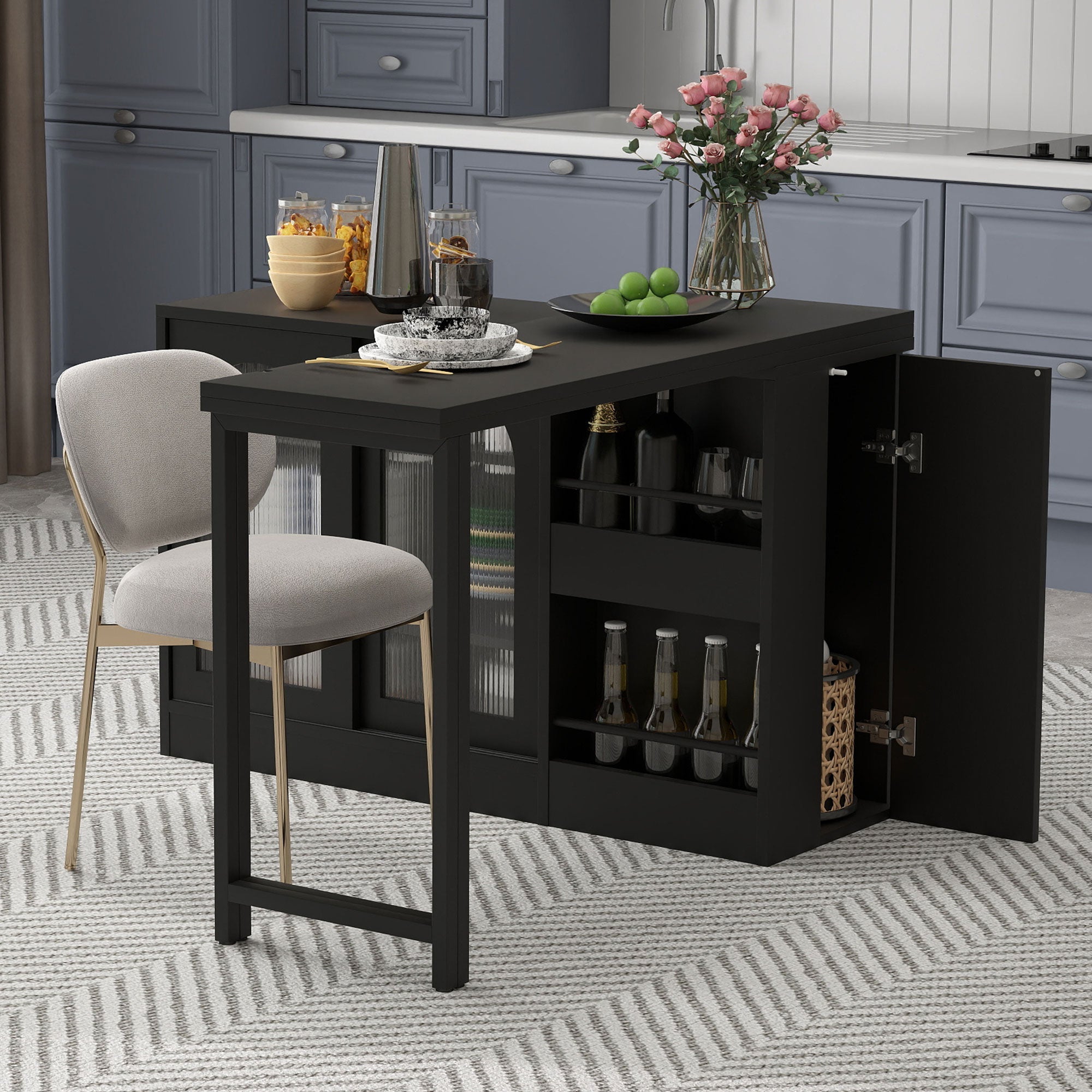 Bar Table, Extendable 360° Rotating with Storage & Glass Cabinet, Black