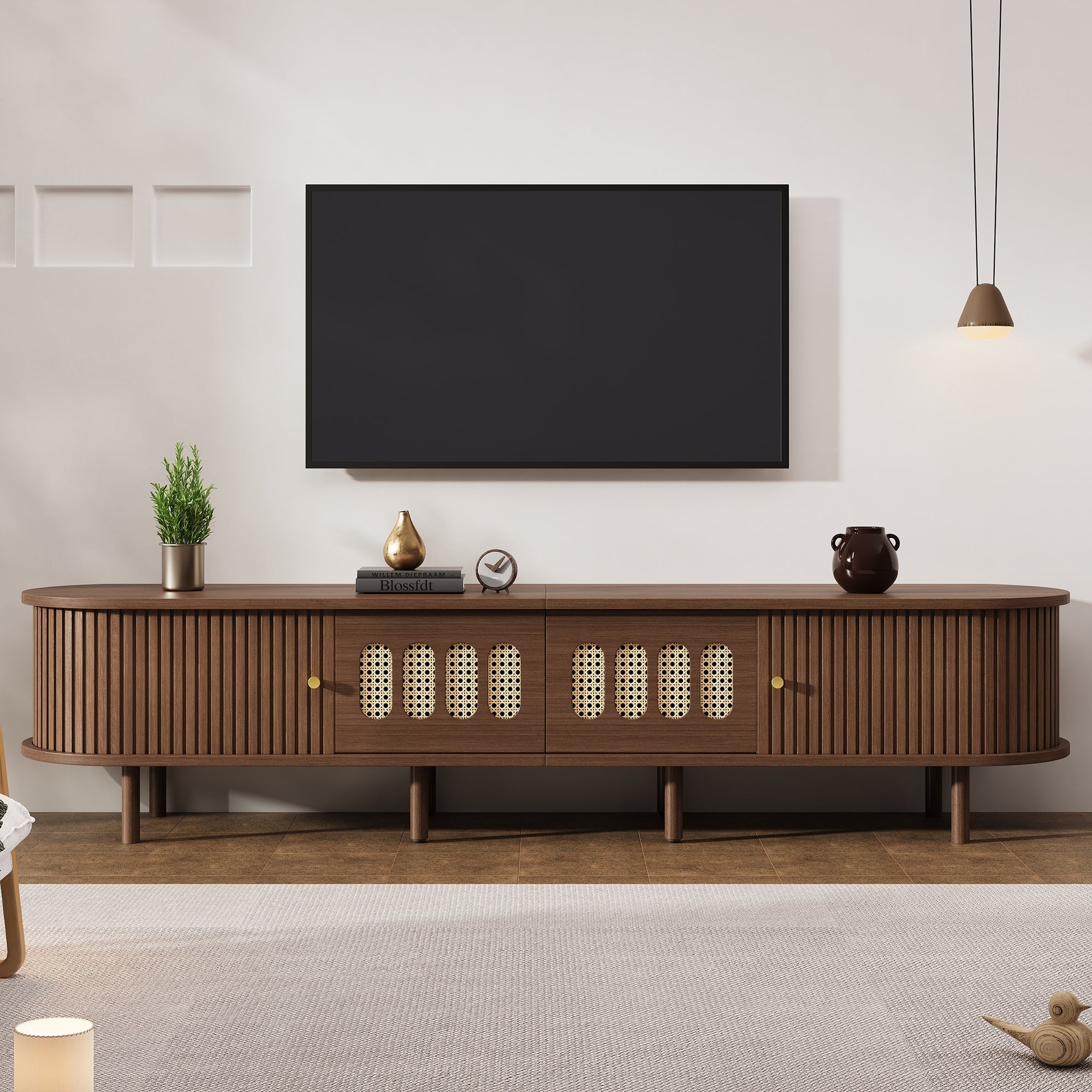 Oval TV Stand Rattan Design 180cm 2 Drawers - Dark Walnut