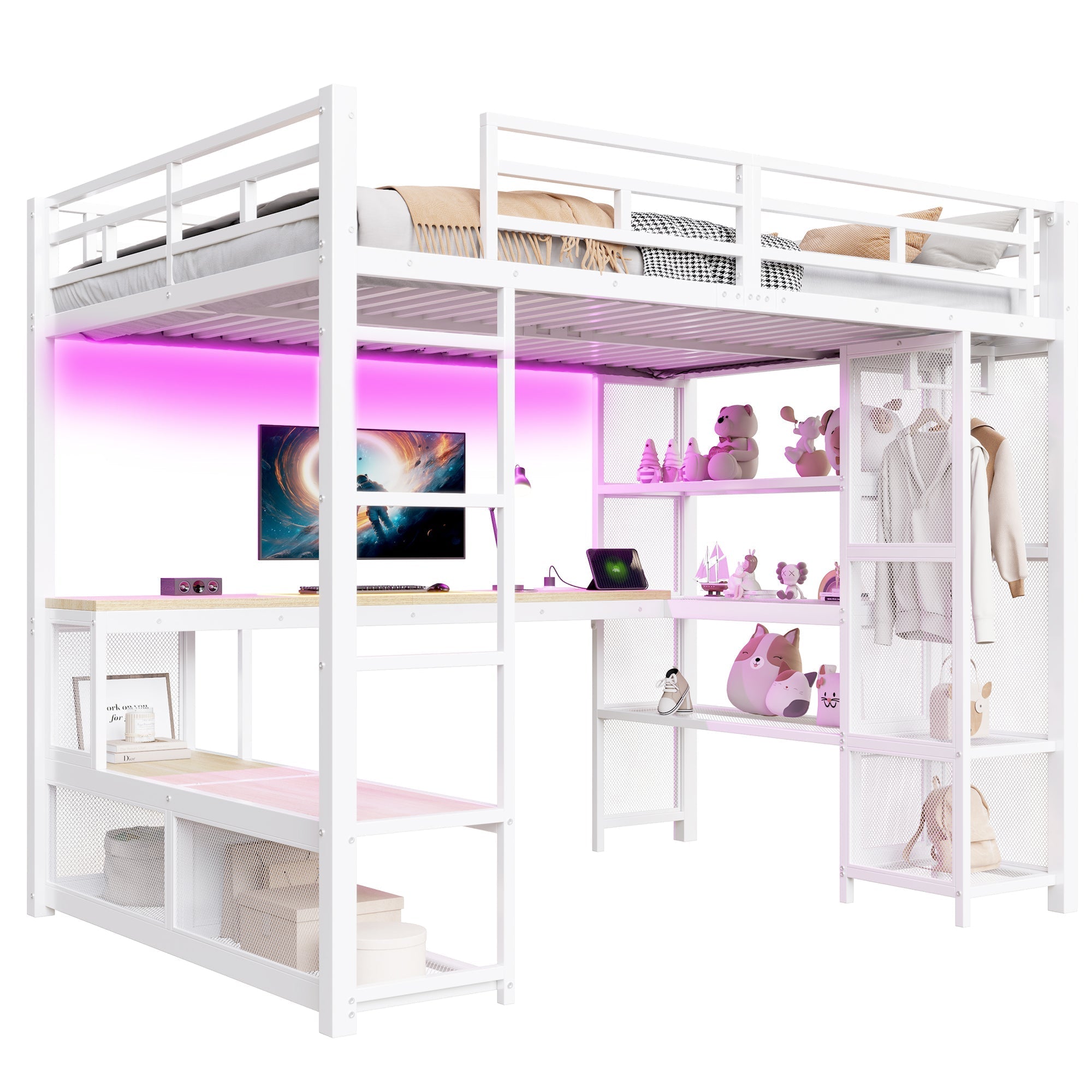 Metal Loft Bed with Wardrobe, USB Port and LED Lighting, White