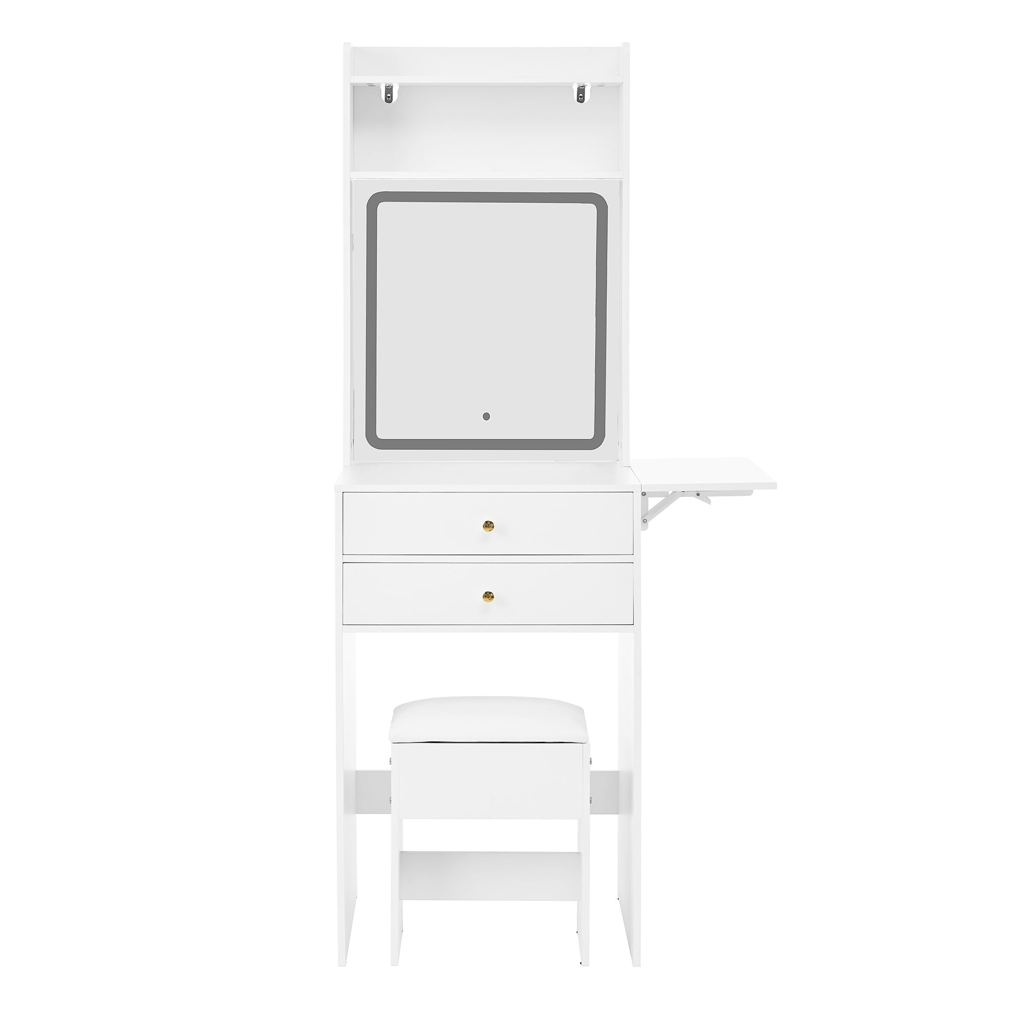 Small dressing table with adjustable LED lighting, stool, 2 drawers, 2 open compartments, and 22cm foldable tabletop, white