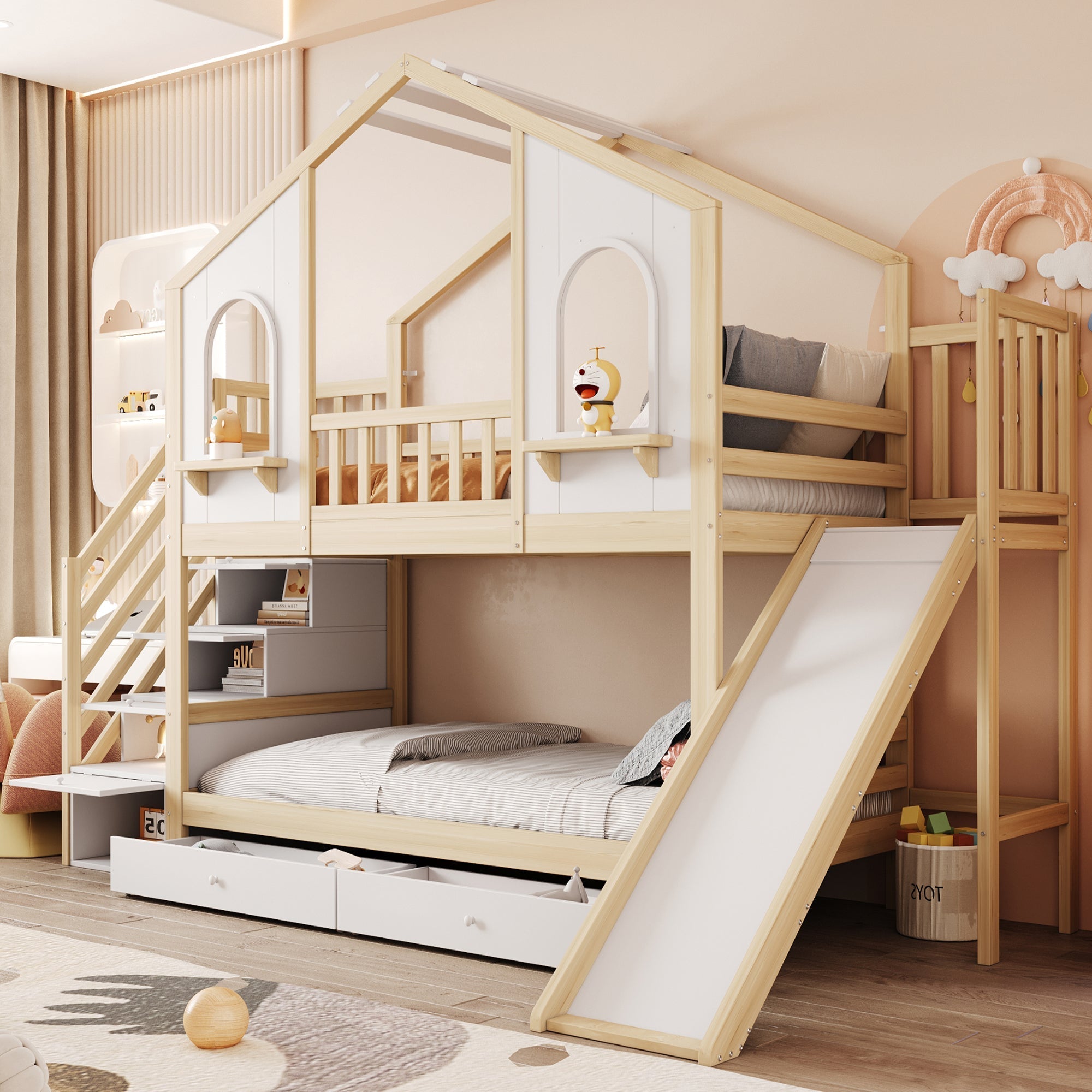 Children's Bunk Bed 90x200cm House Slide Storage Wood Color