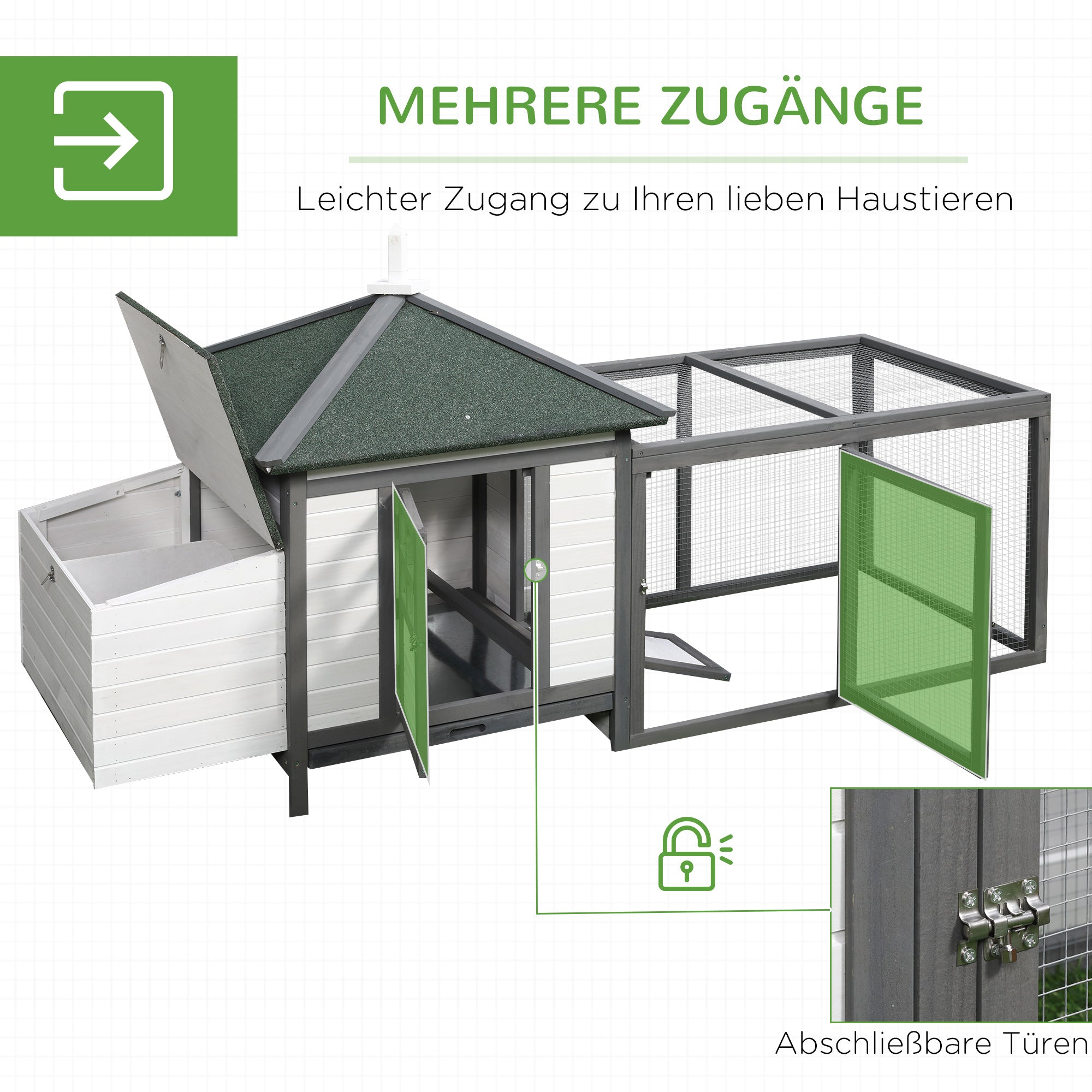 Bantam Hühnerstall mit Auslauf, Sitzstangen, Nistkasten, Kiefernholz, Grau+Weiß