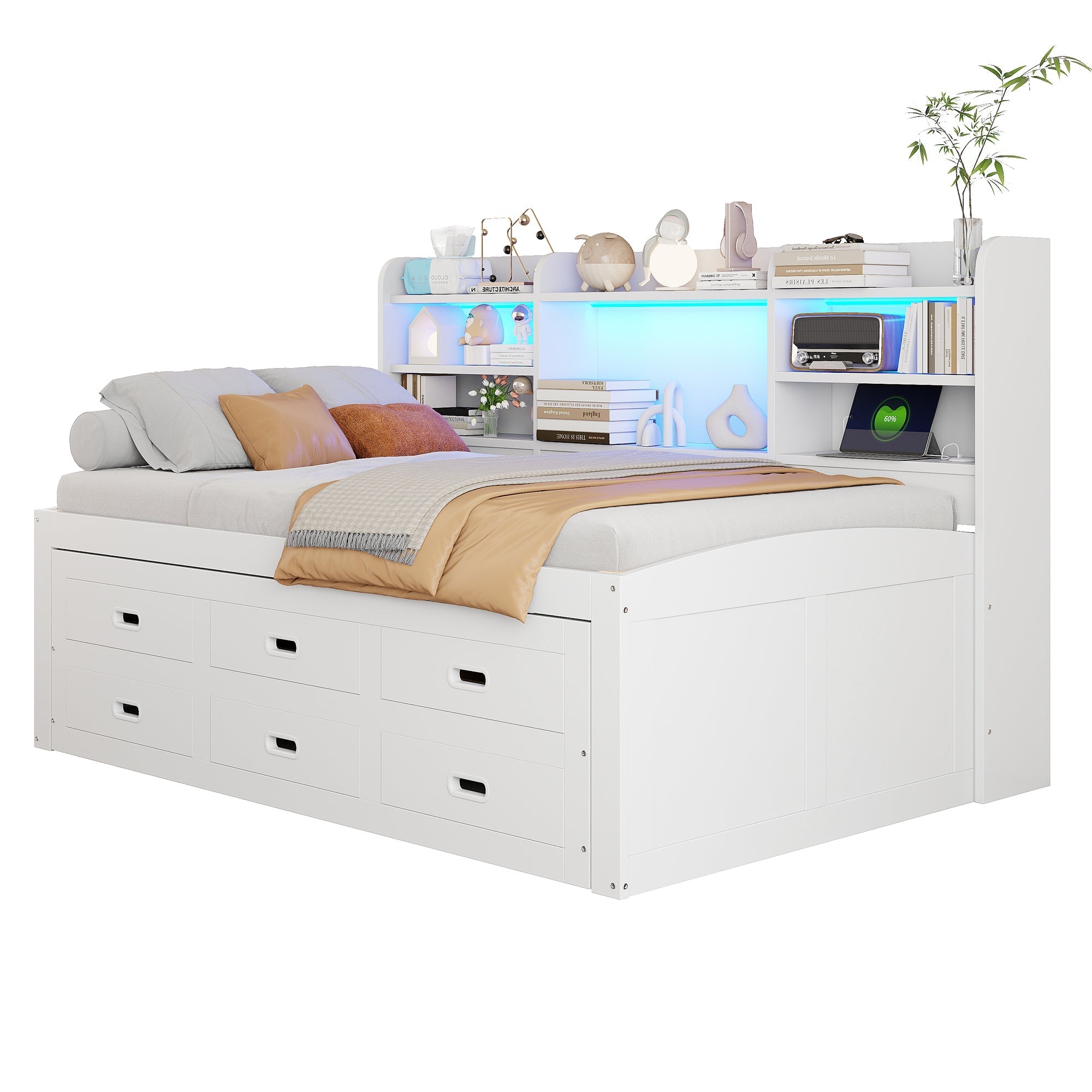 Sofa Bed Daybed 90x200cm Extendable LED 3 Drawers Shelf USB/Type-C - White
