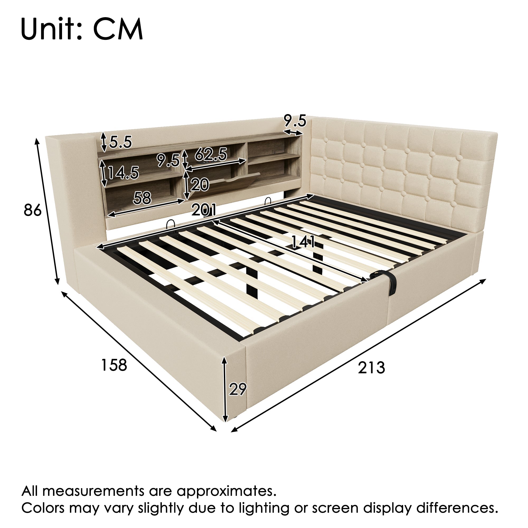 Upholstered Double Bed with LED Lighting, Hydraulic Storage and L-shaped Headboard, 140x200cm, Beige Linen
