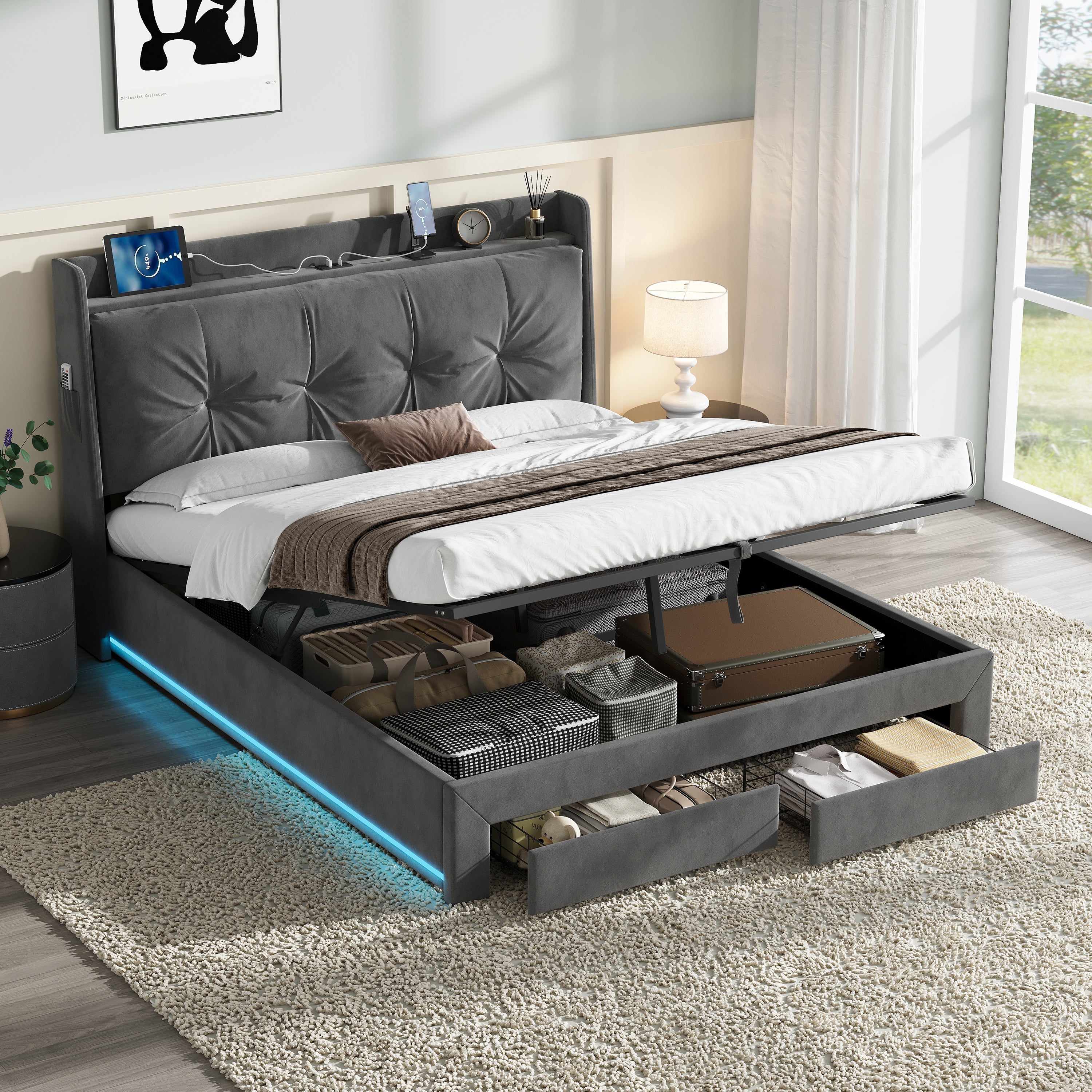Double Upholstered Bed Frame with Hydraulic Storage, Charging Station, and RGB LED Lighting, Grey Velvet