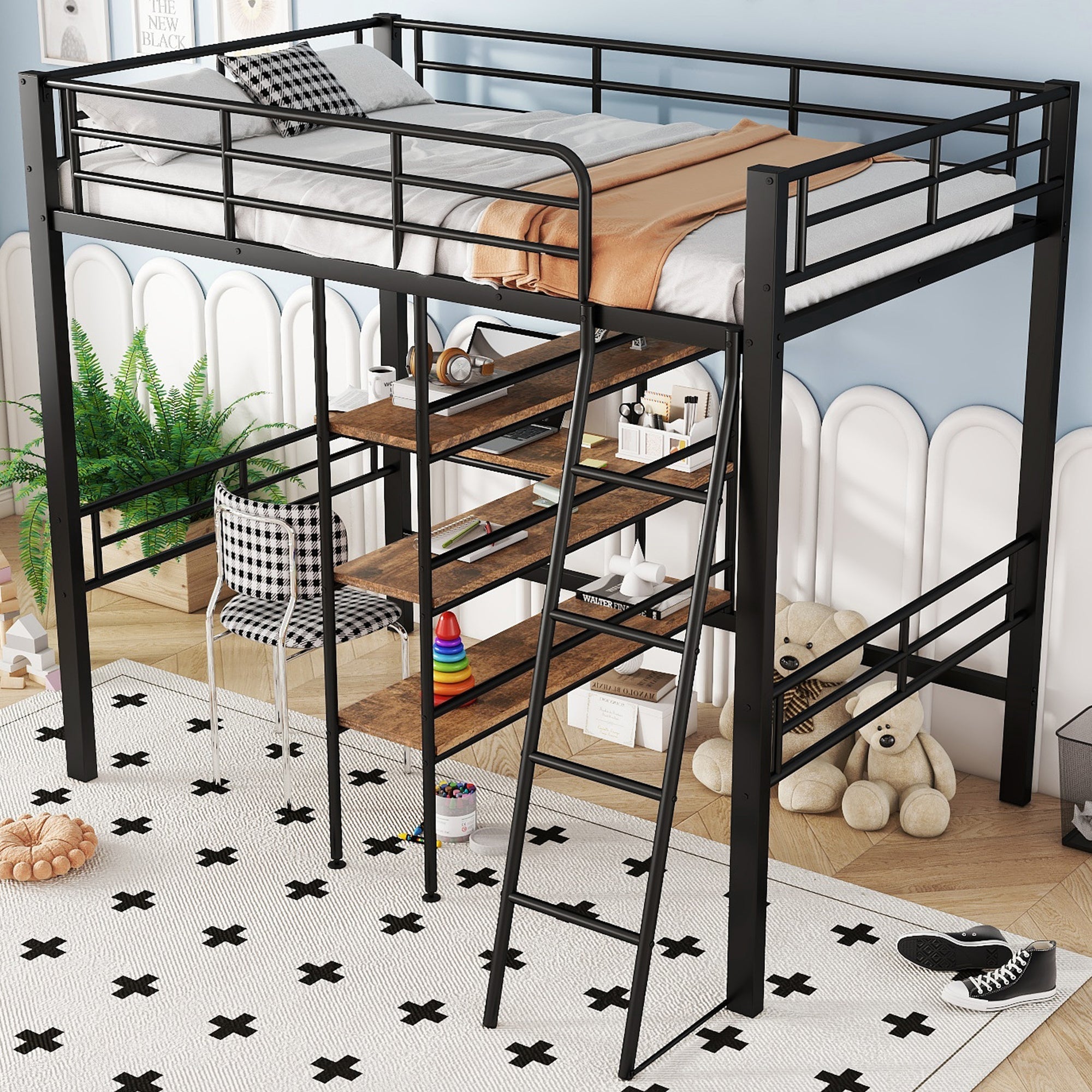 Loft Bed 90x200cm Iron Frame with Desk Multiple Shelves Black