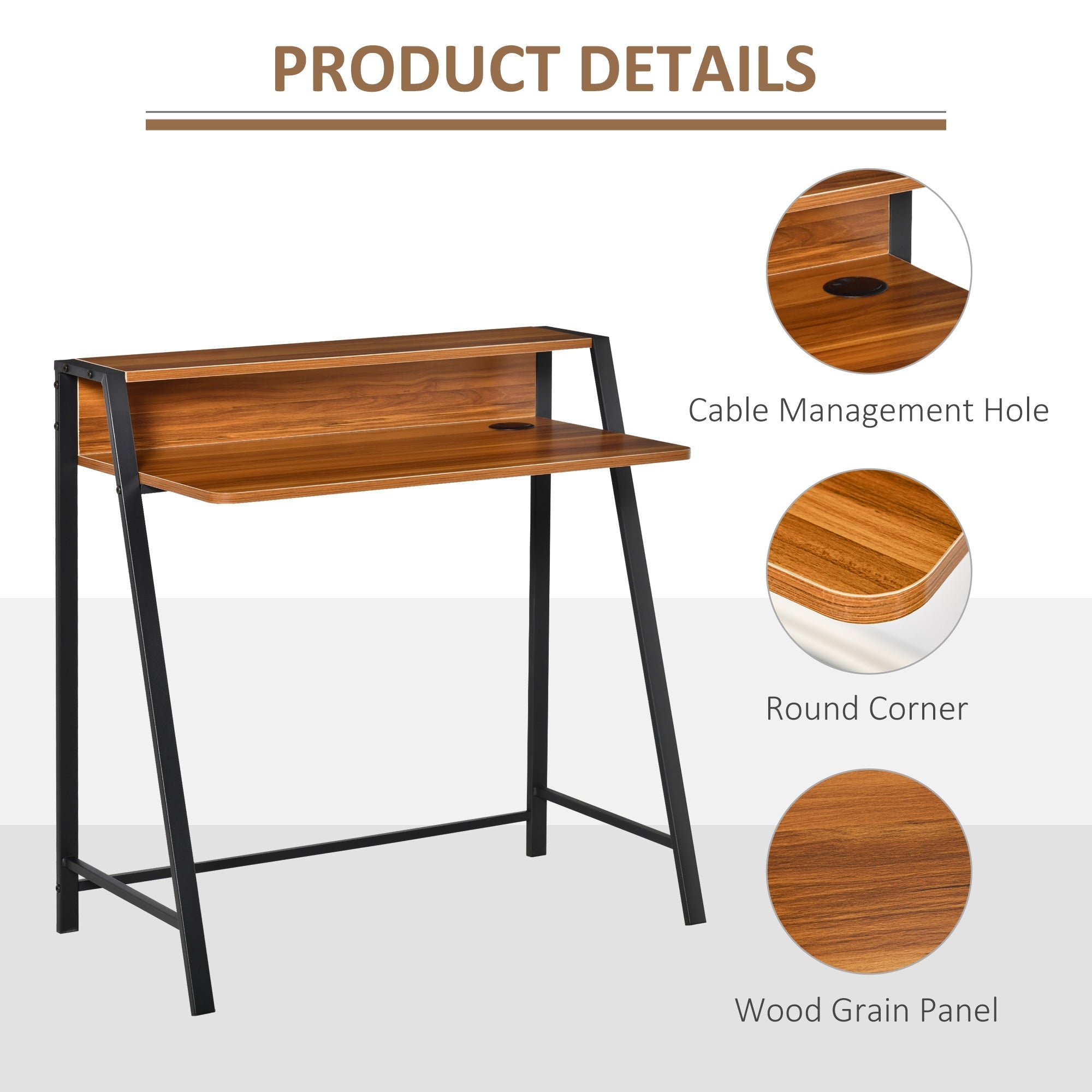 Desk Computer Table, Storage & Cable Management, Metal Walnut