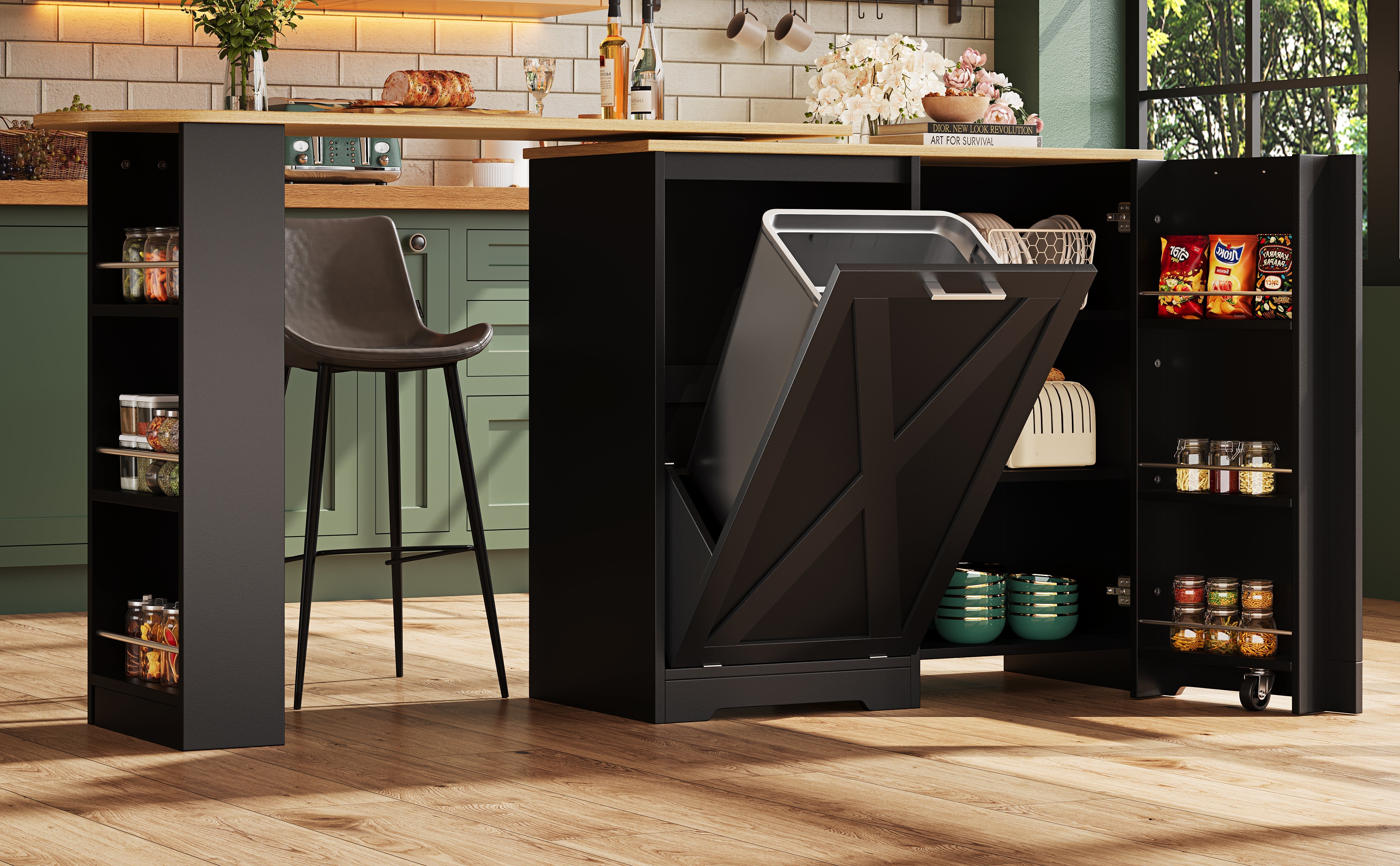 360° Rotating Breakfast Bar with Multifunctional Storage and Side Shelves, Black