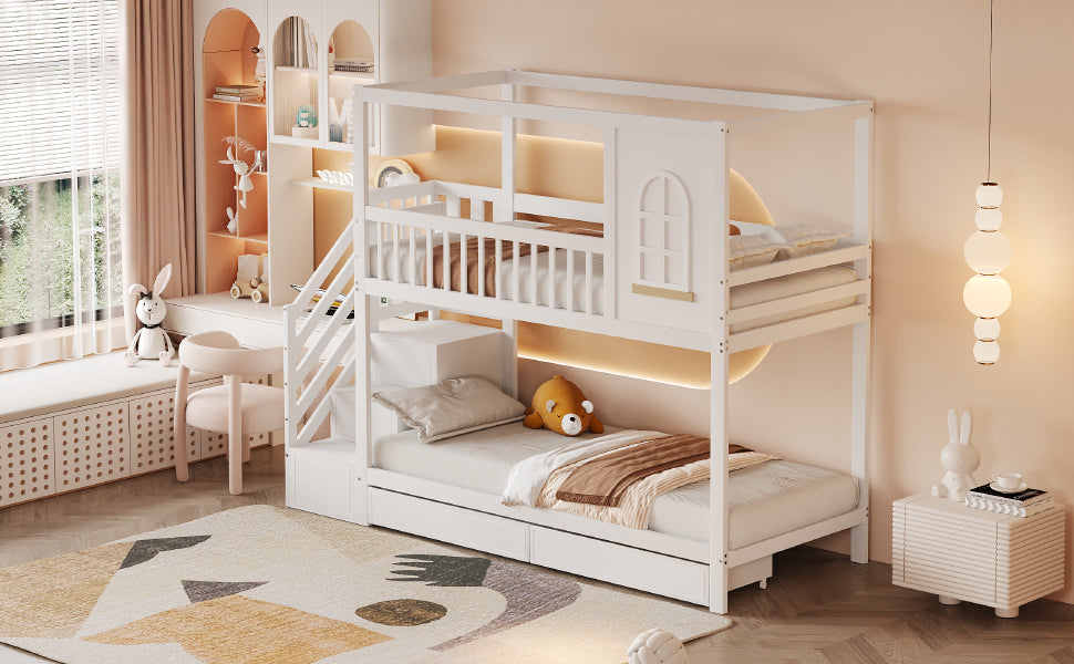 Bunk Bed 90x200cm House Design Drawers Ladder Solid Wood - White