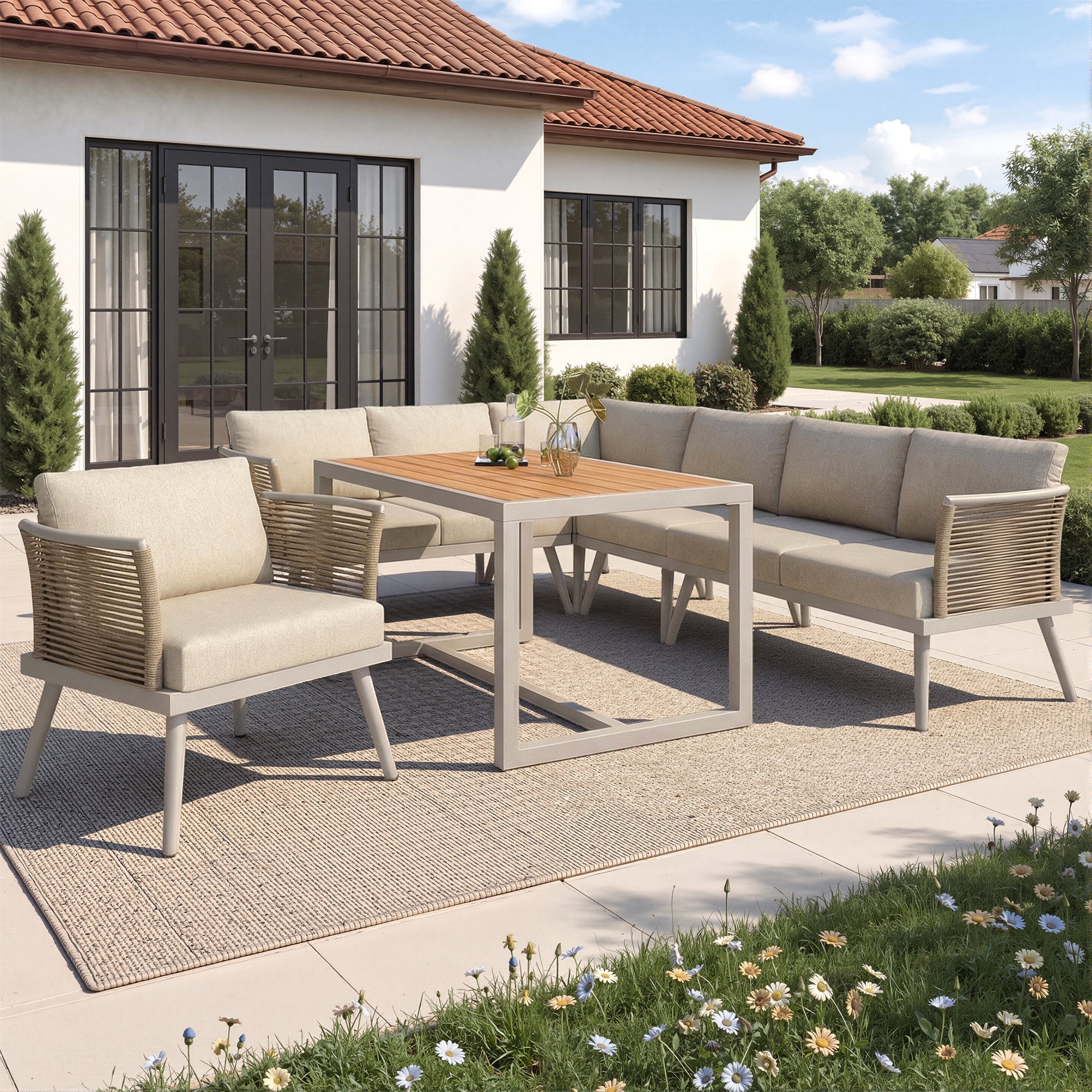 L-Shaped Garden Sofa Set with Coffee Table and Armchair, Seven-Seater Weatherproof Iron, Grey and Beige