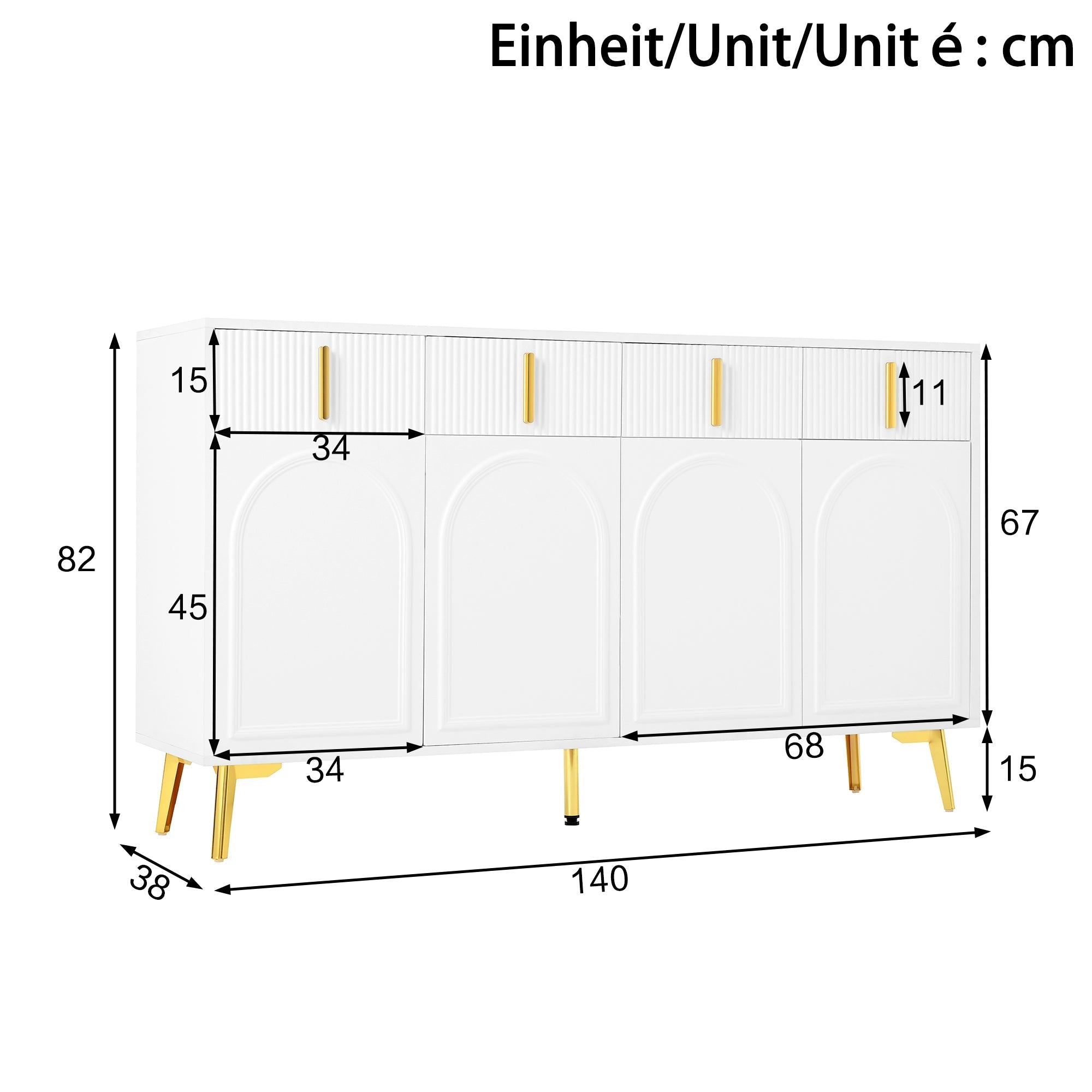 Sideboard, 4 Doors 4 Drawers, Gold Handles Legs, White MDF