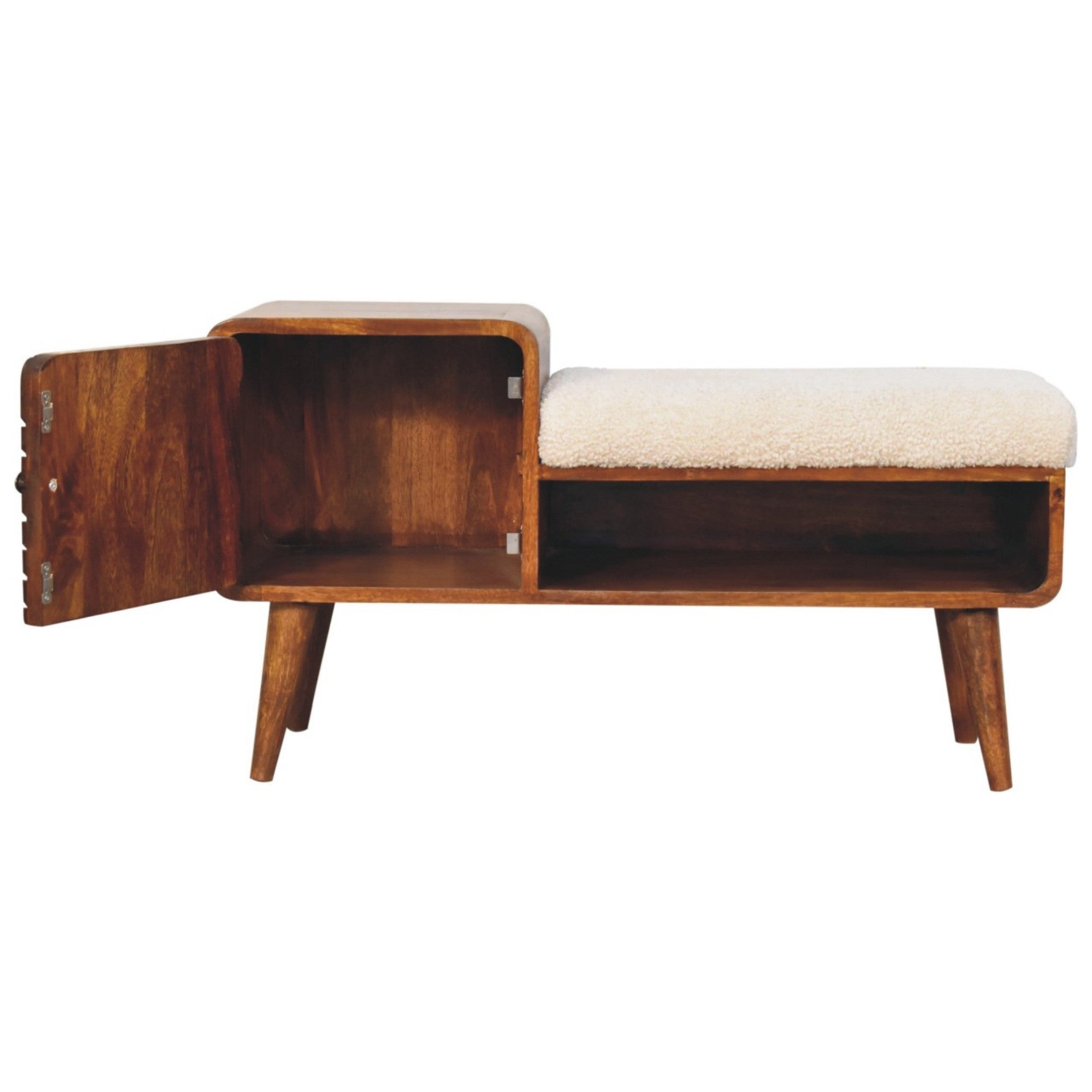 Solid Wood Telephone Table with Upholstered Boucle, 1 Drawer & Open Shelf, Dark Brown