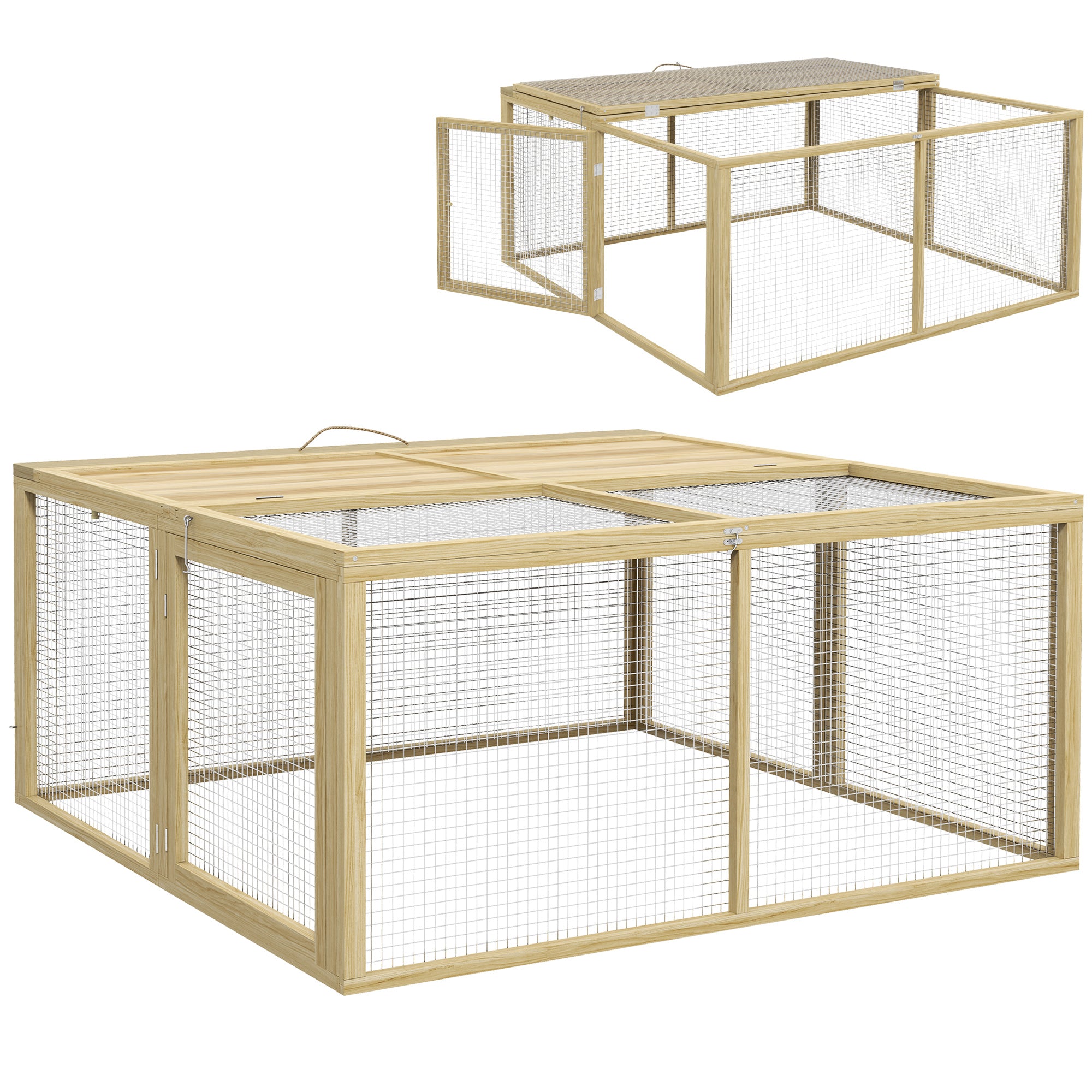 Wooden Rabbit Hutch, Foldable Outdoor Run with Roof, Natural Wood