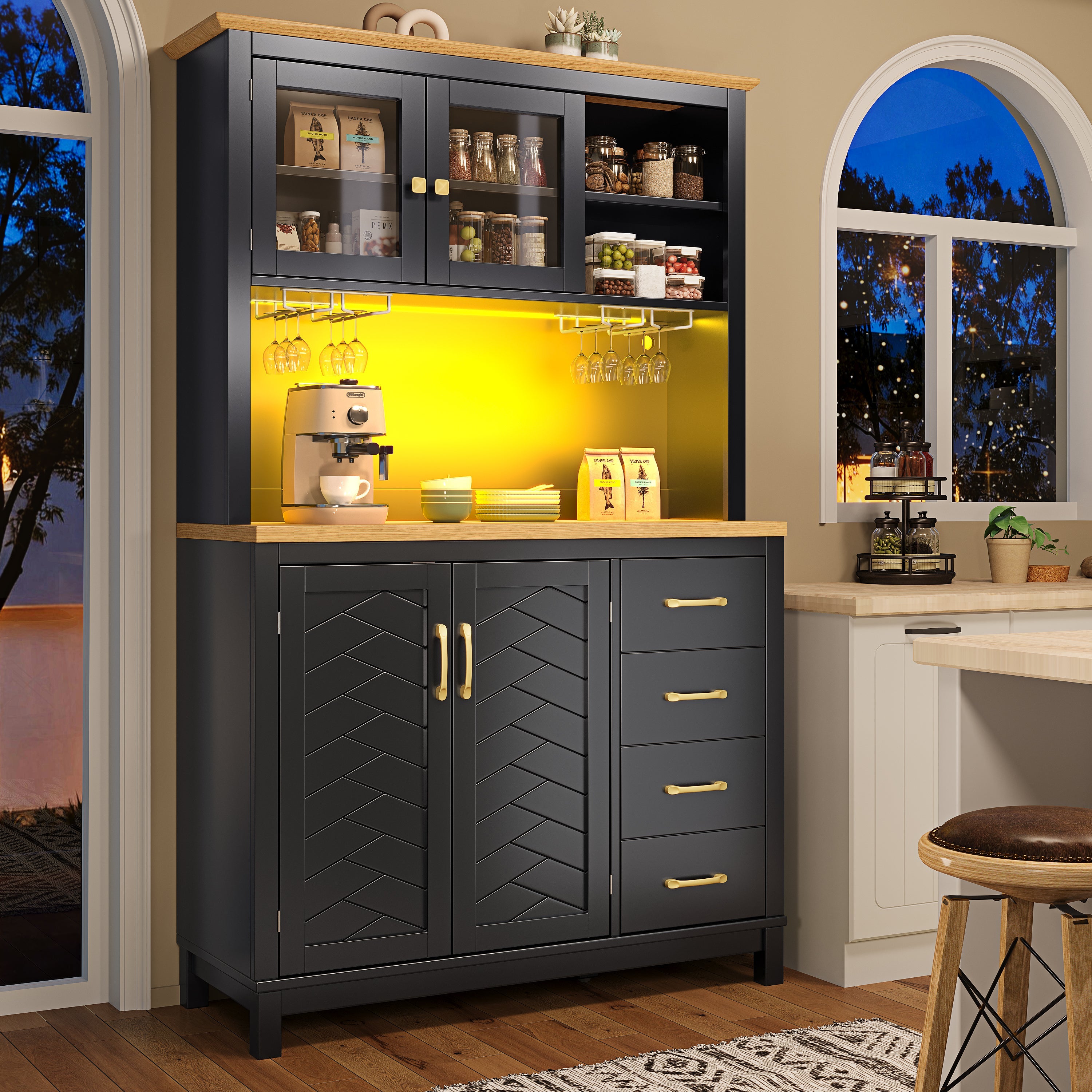 Sideboard Kitchen Buffet Cabinet with LED Lights and Drink Holders, Green, Black and White
