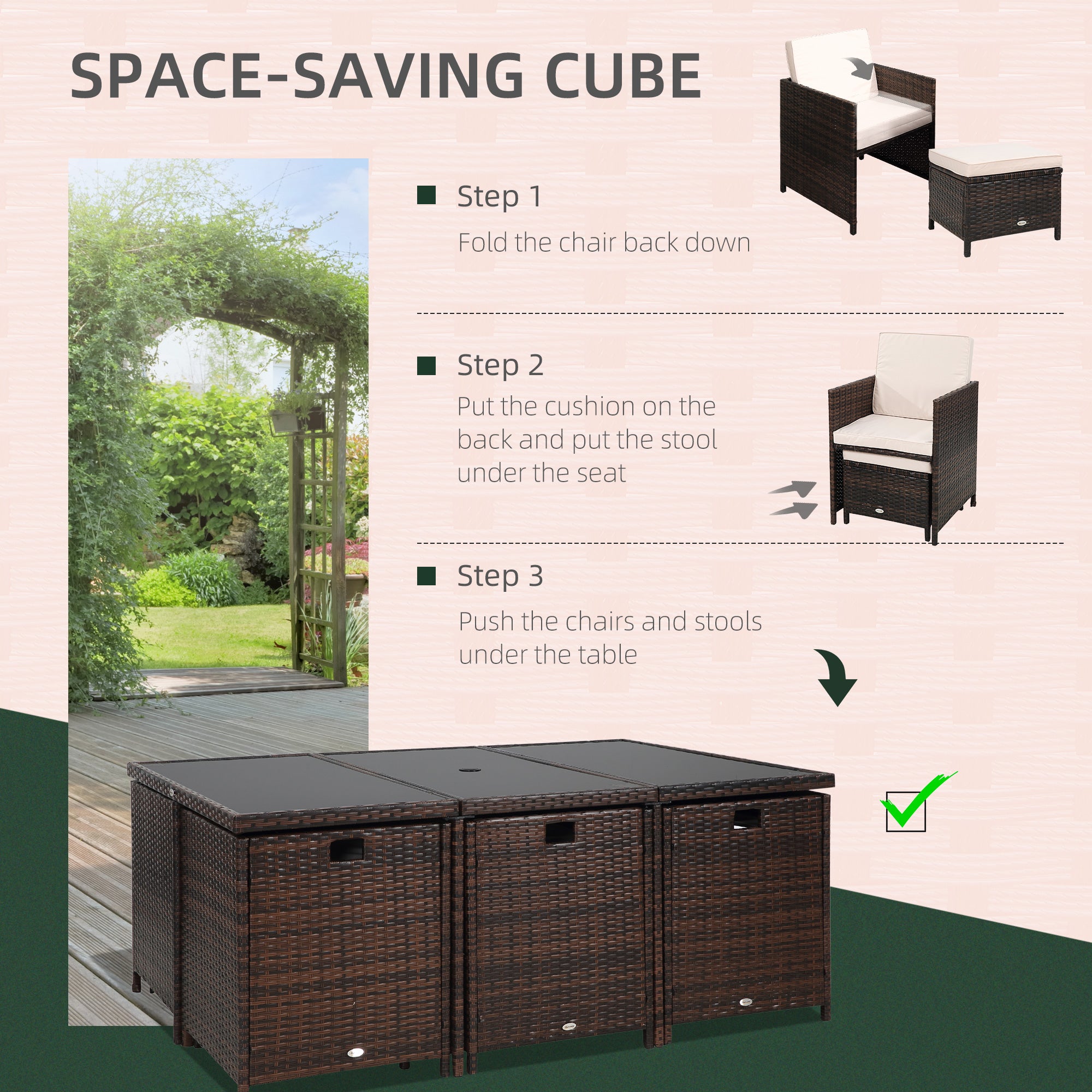 10 Seater Rattan Cube Garden Dining Set w/ Parasol Hole & Cushions, Glass Top, Mixed Brown