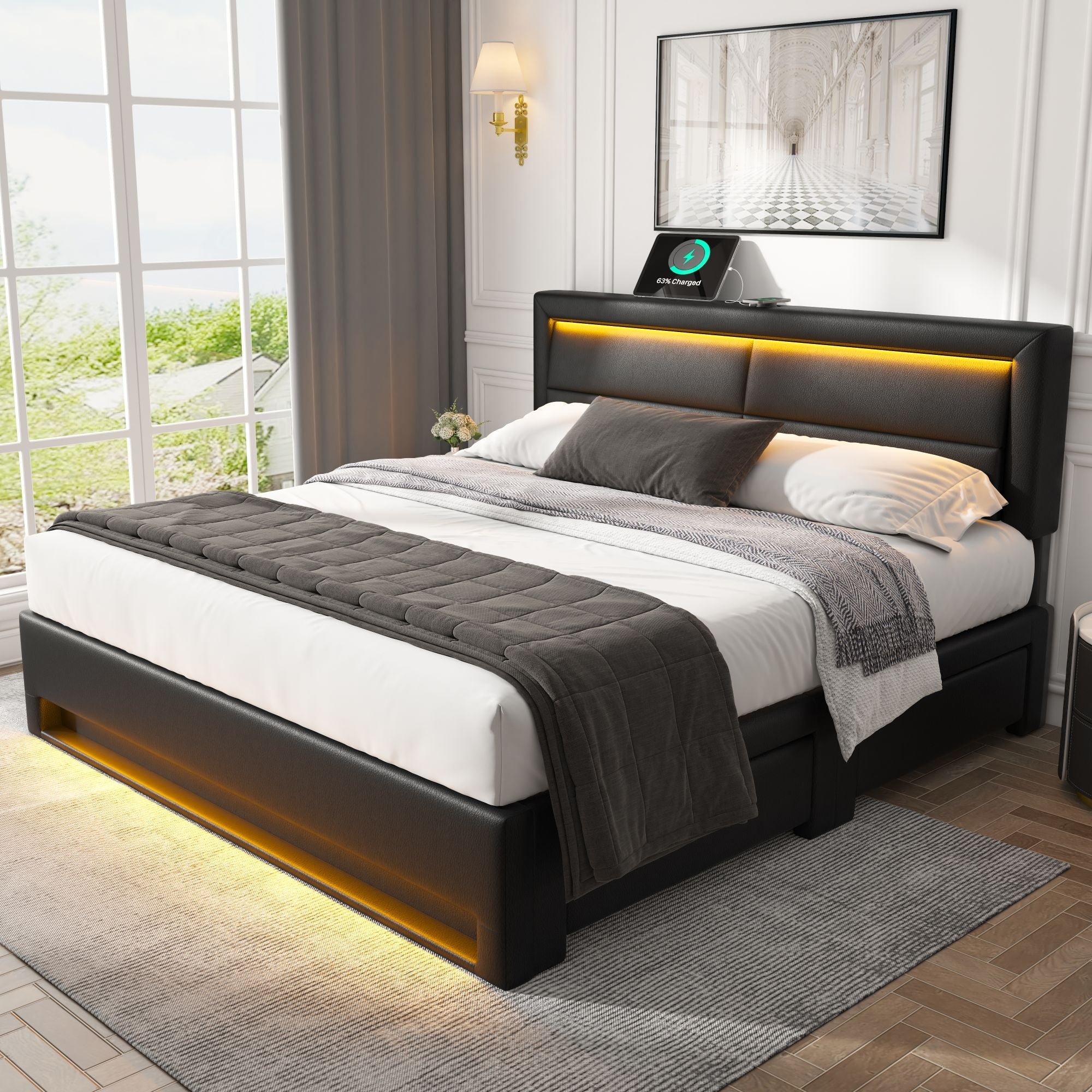 Upholstered Bed 160x200cm with USB Charging, LED Lighting and 4 Drawers, Black PU Lychee Pattern