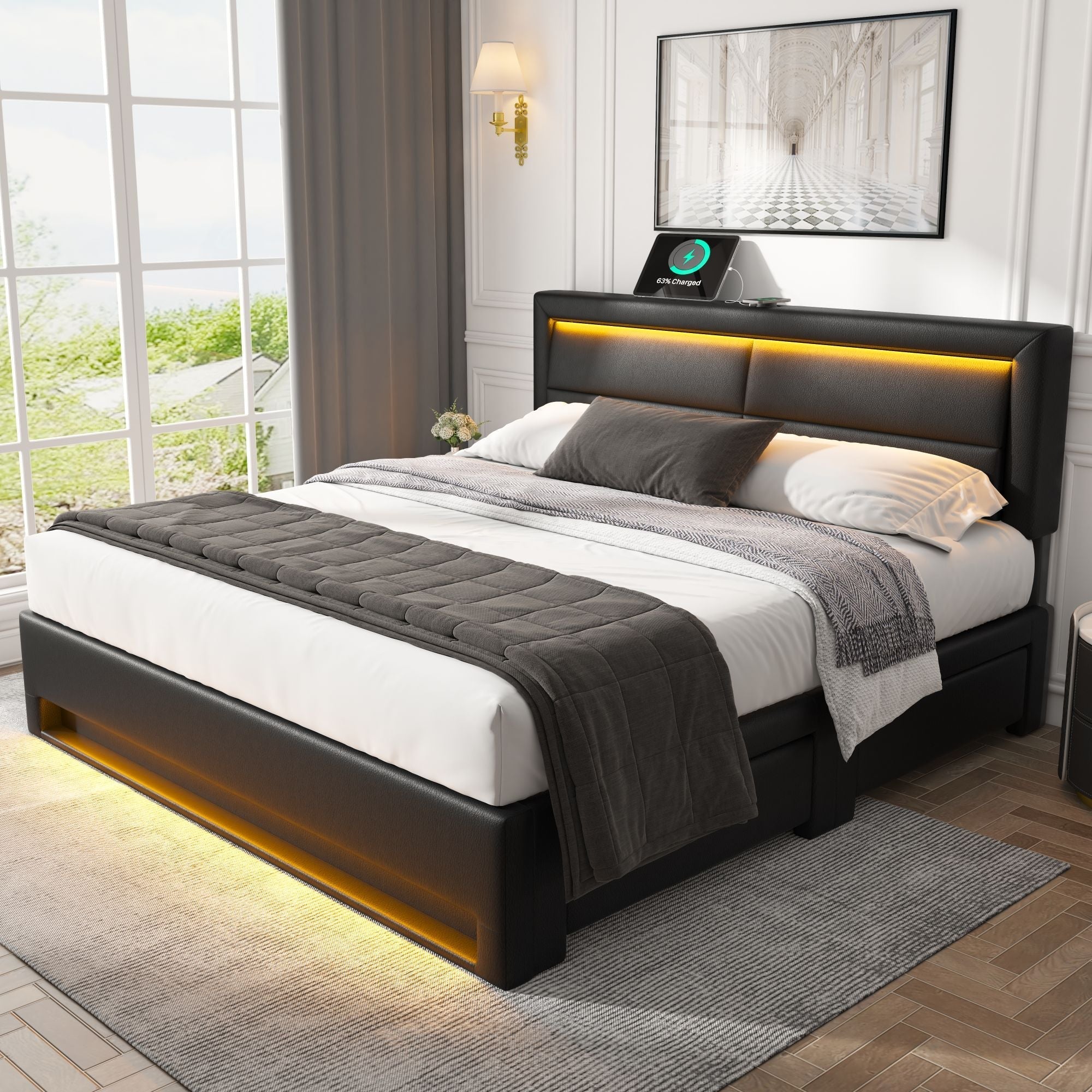 Upholstered Bed 140x190cm LED Light USB Charging 4 Storage Drawers Lychee PU Black