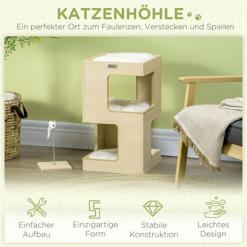 Katzentonne, 2 Ebenen mit Spielzeug, Natur + Hellgrau