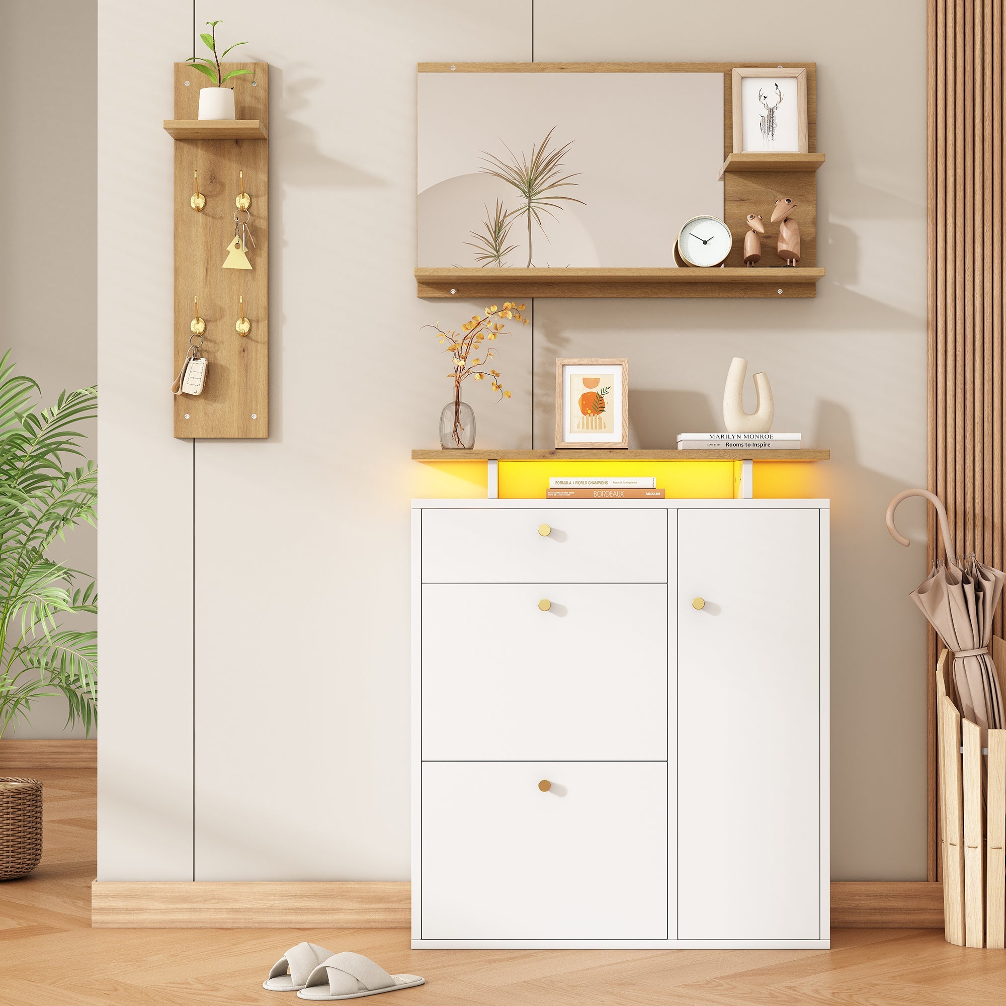 Hallway Wardrobe Set with LED Mirror, Hat Shelf and Shoe Cabinet, Natural and White