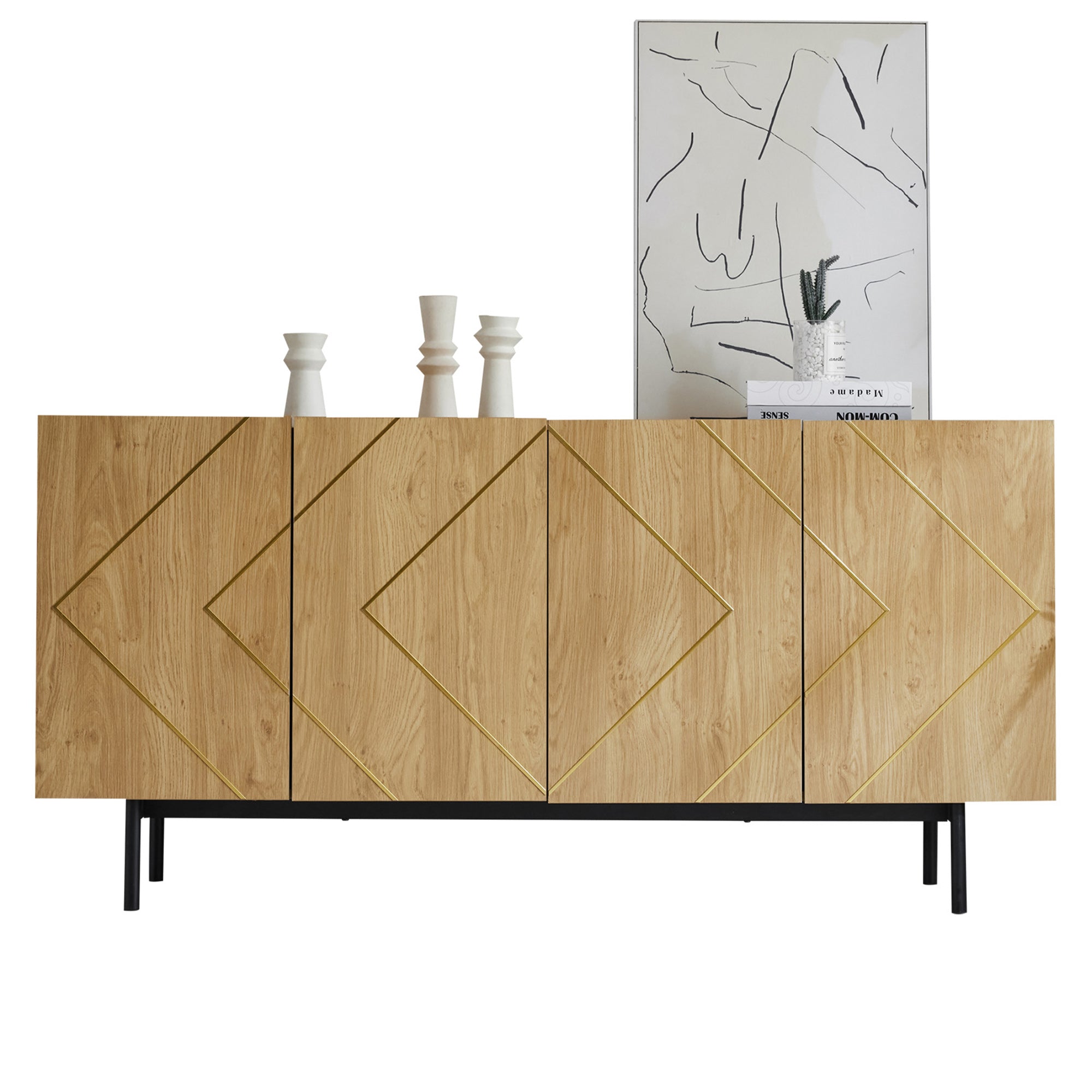 Sideboard living room buffet cabinet with 4 doors and metal inlay natural wood