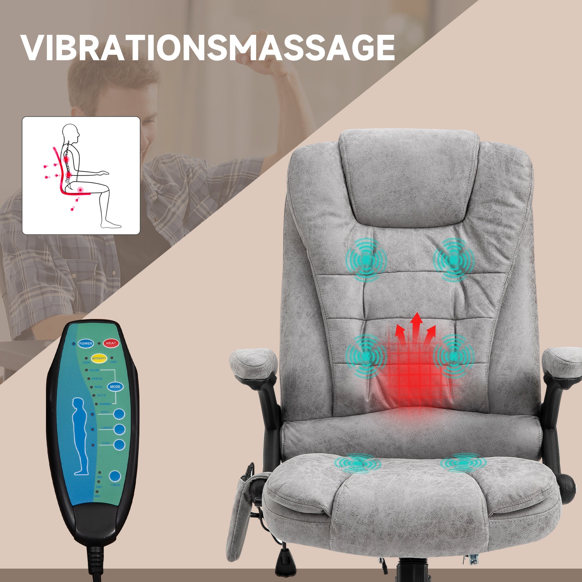 Office Chair Ergonomic Massage Heat Function Adjustable Smooth Movement, Grey