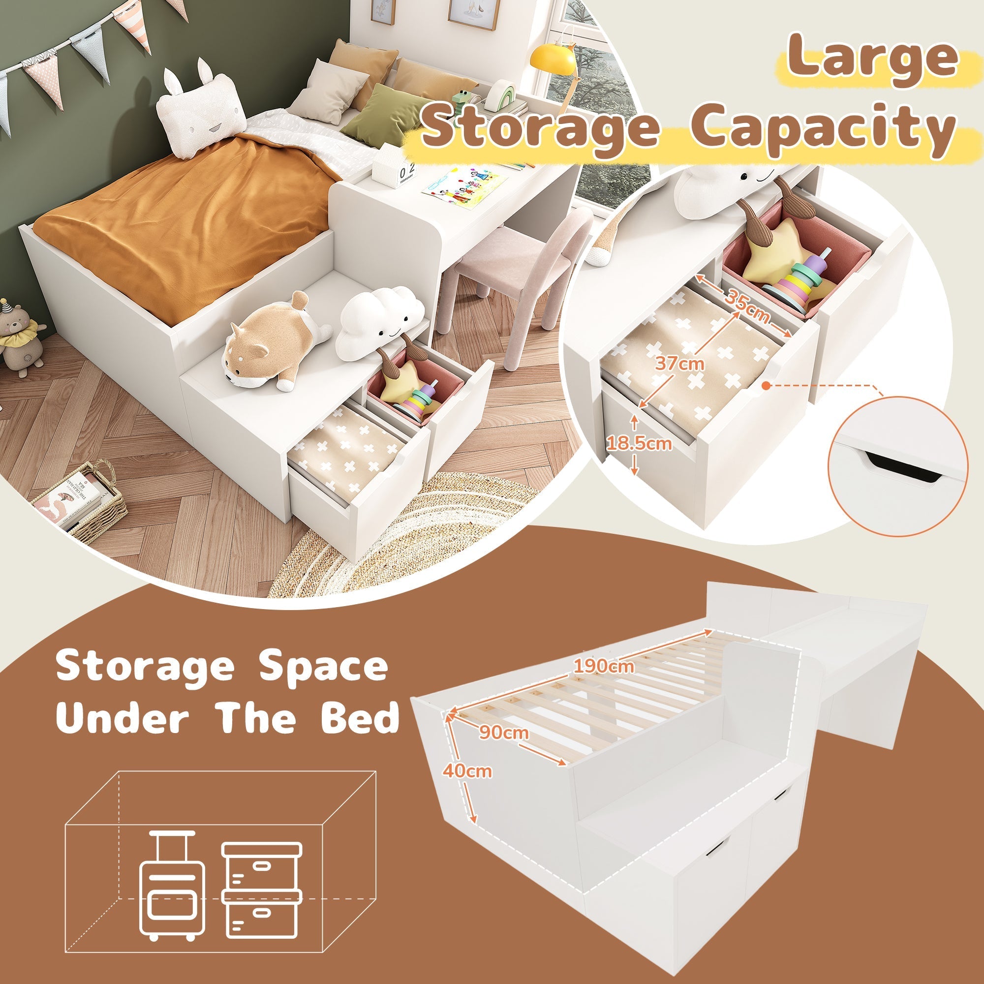 Kids Single Bed with Desk and Drawers, 90 x 190 cm, White Wooden Frame