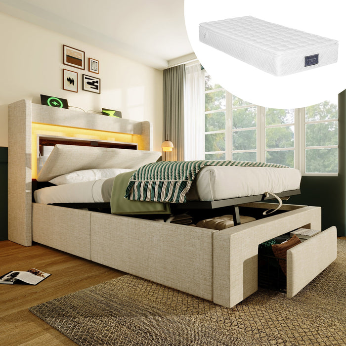 Upholstered Bed with Hydraulic Storage and LED Headboard, 90x200 cm with Mattress, Beige Linen