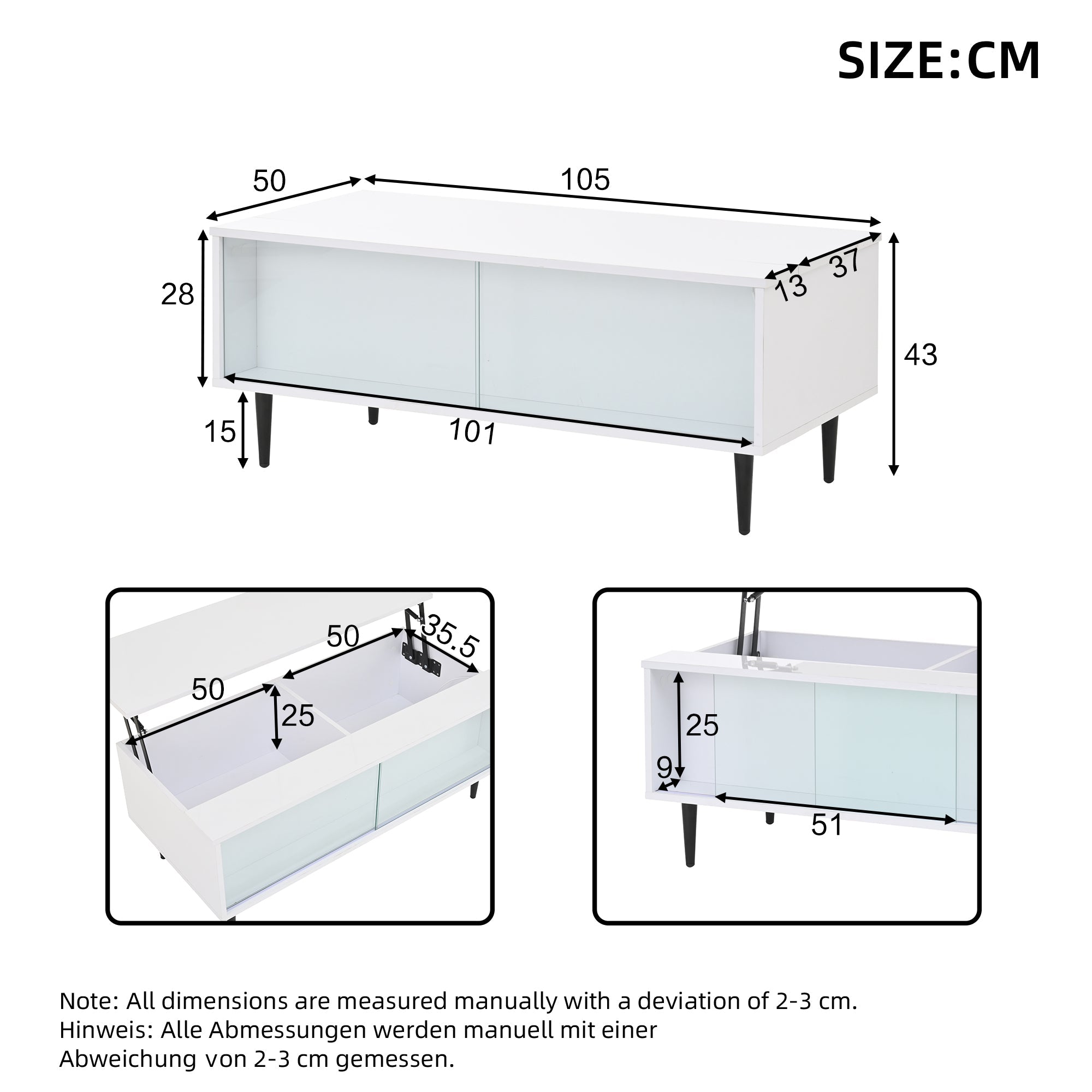 Coffee Table, Height-Adjustable with Hidden Storage & LED Light, White Tempered Glass