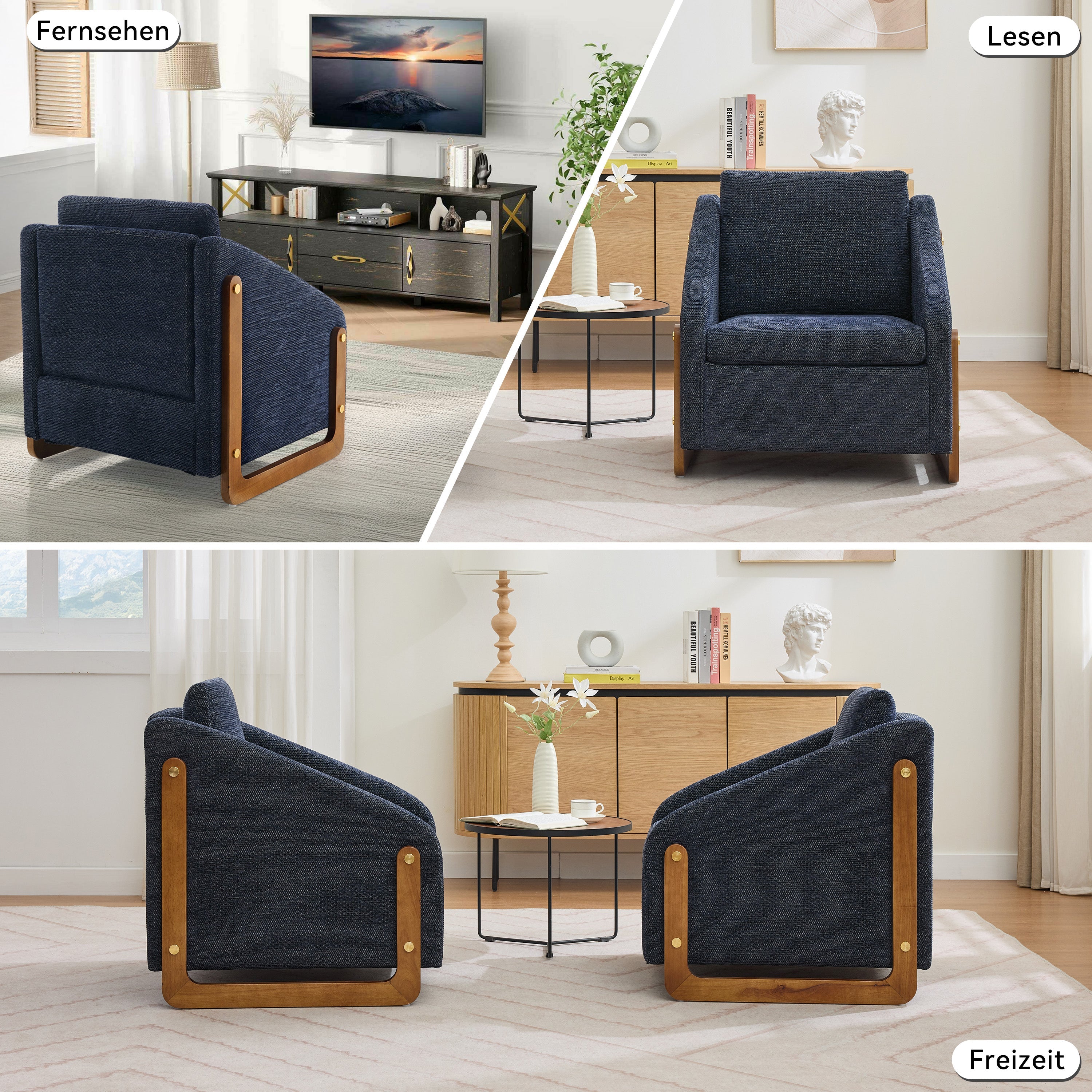 057 Armchair, Modern Lounge Chair with Wooden Armrests, Blue Chenille Fabric
